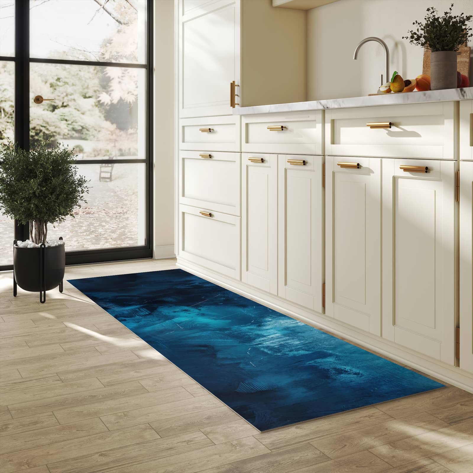 Komfortabler abwaschbarer Küchenteppich mit Motiv Abstrakte Blautöne in heller Küche