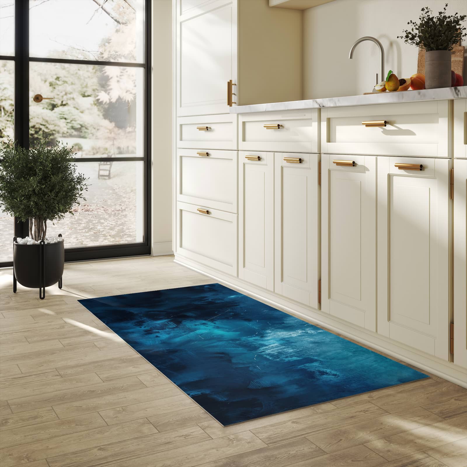 Küchenteppich mit Motiv Abstrakte Blautöne für angenehme Haptik in heller Küche