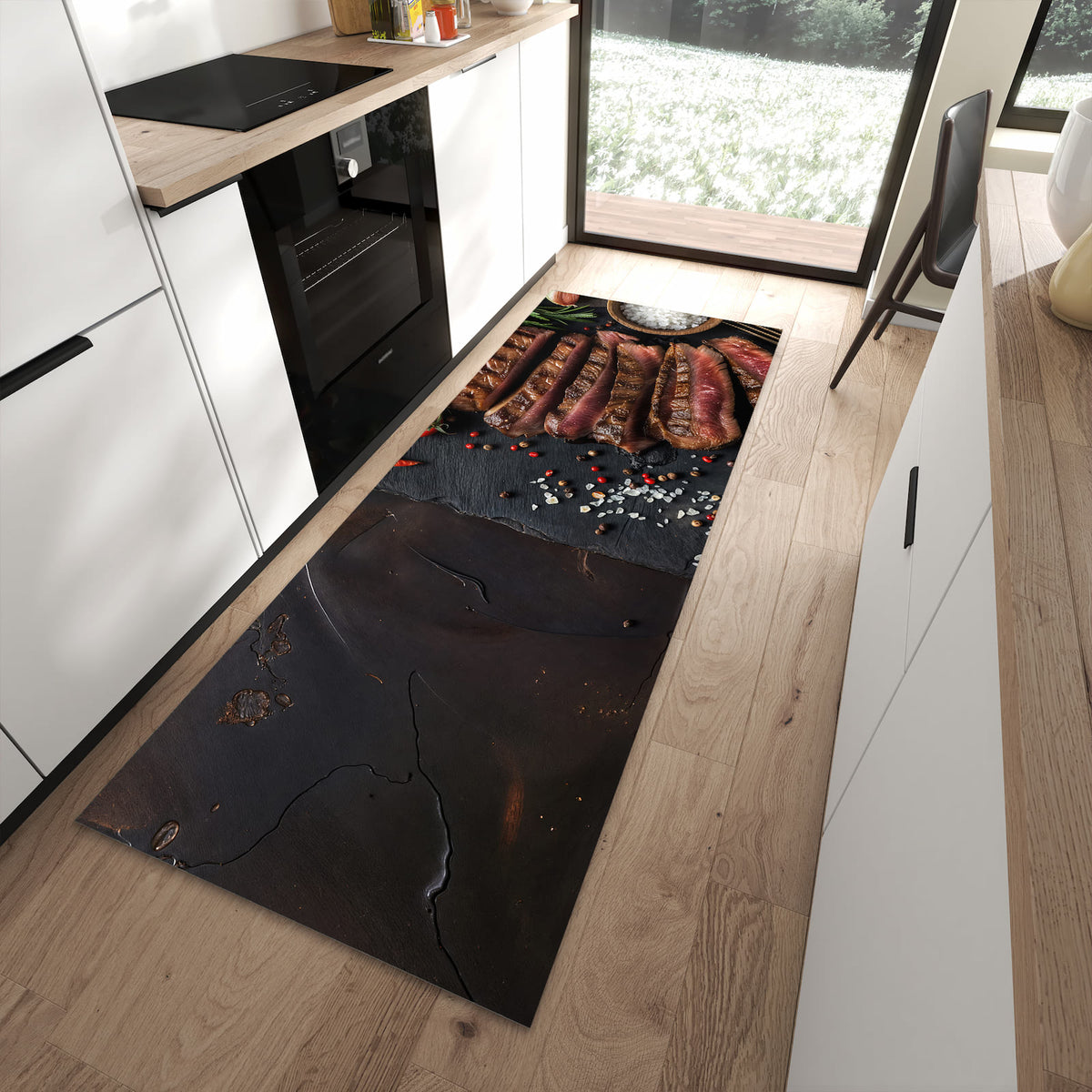 UV-beständiger Teppich für Küche mit Motiv Gegrilltes Steak Teller in moderner Küche
