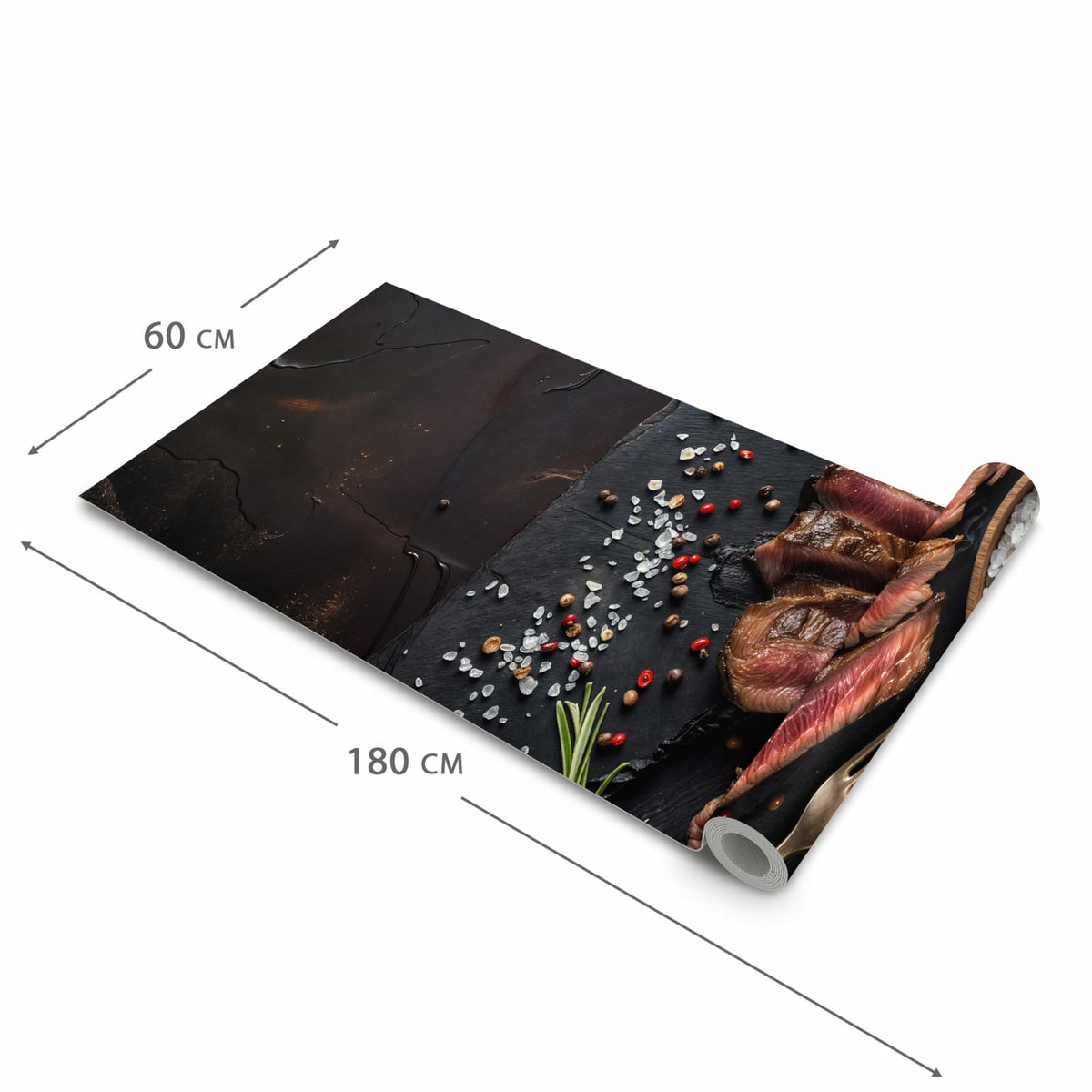 Komfortabler waschbarer Läufer für die Küche mit Motiv Gegrilltes Steak Teller in der Grösse 60x270 cm