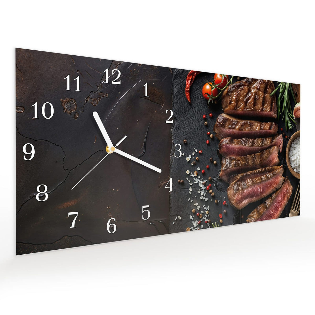 Vormontiert – mit Schwebeeffekt – Wanduhr Gegrilltes Steak Teller aus Glas – Querformat 60 × 30 cm