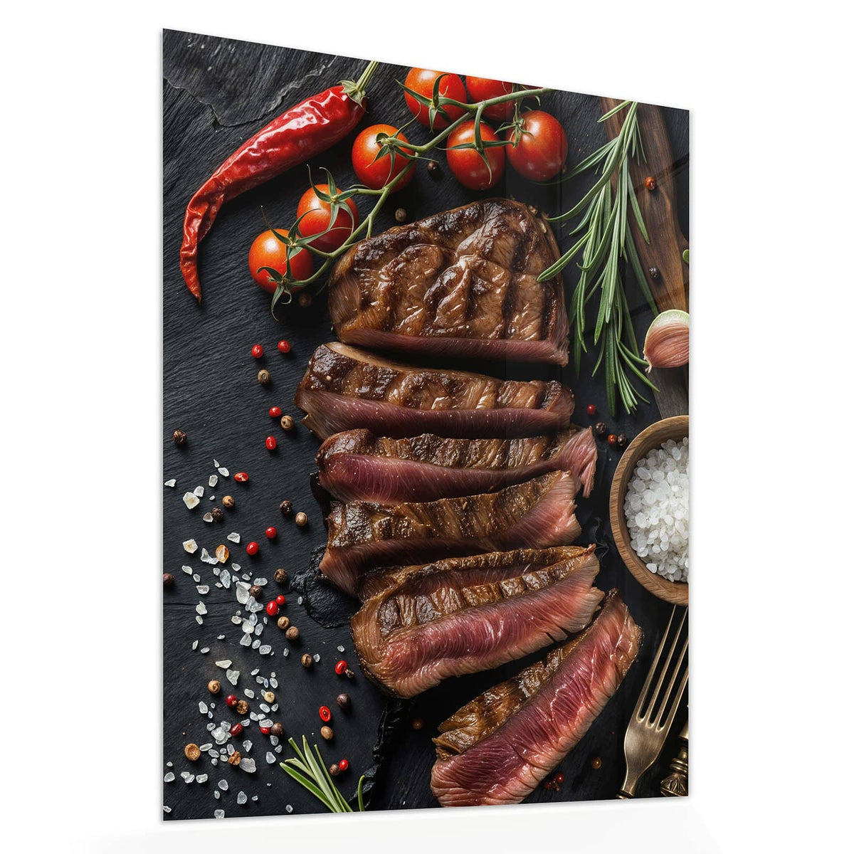 Echtglas, 4 mm – kein Acryl, keine Folie – Wandbild - Steak auf Schiefer - Hochformat