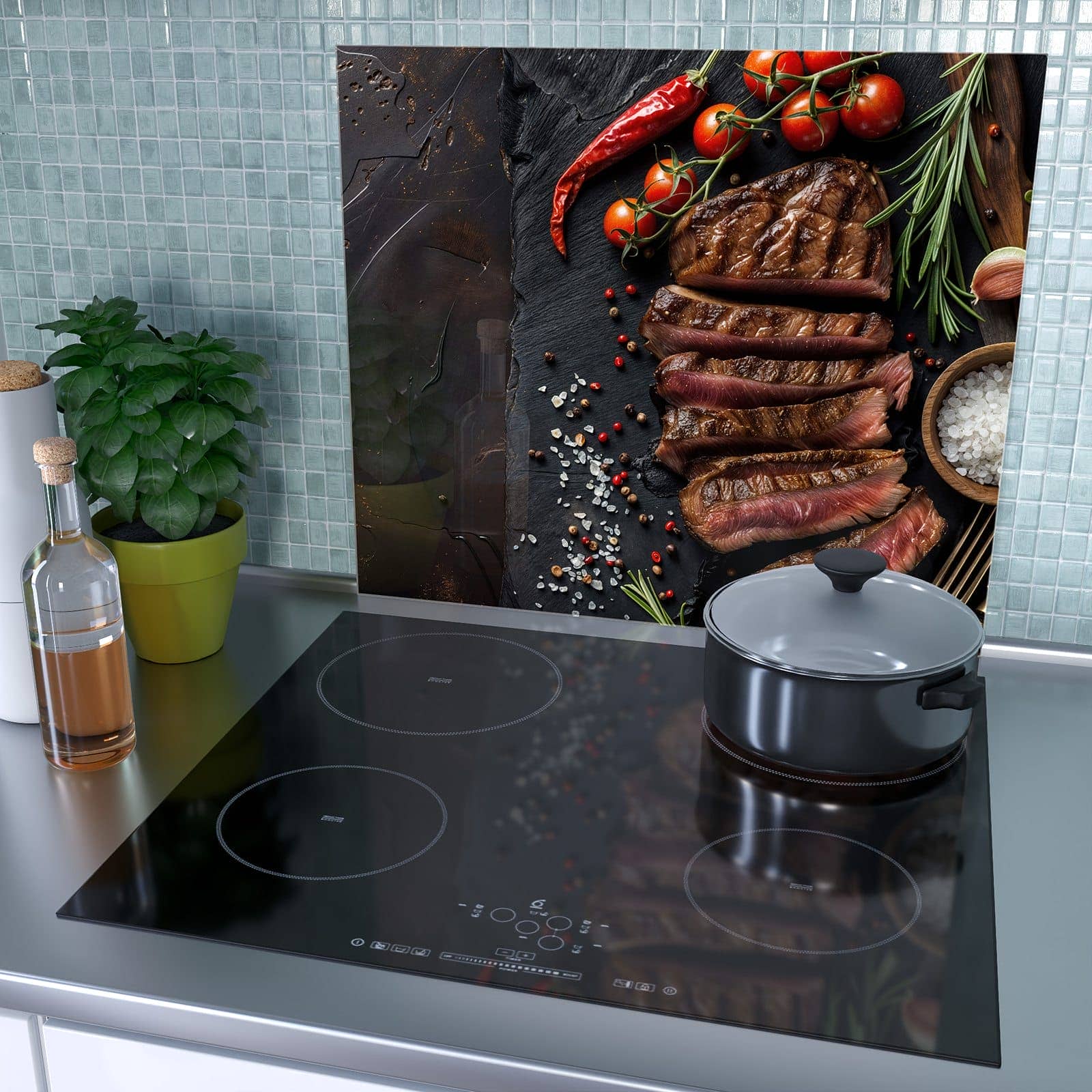 1-teilige Abdeckplatte für Induktionsherd mit Gegrilltes Steak Teller-Motiv als Spritzschutz hinter dem Kochfeld