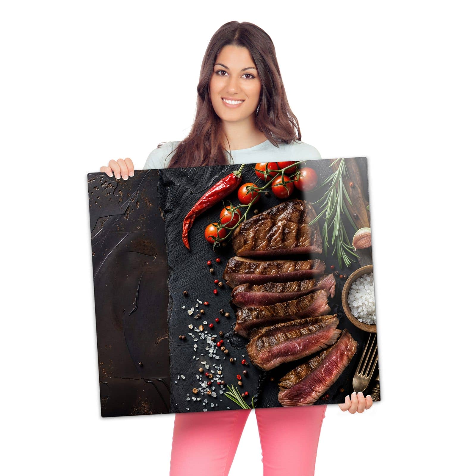 Herdabdeckung mit Gegrilltes Steak Teller-Motiv wird zur Größendarstellung gehalten