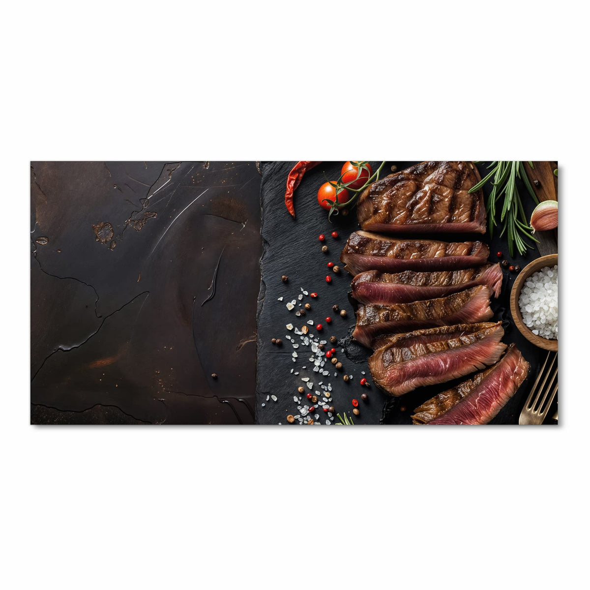 Waschbarer Küchenläufer mit Motiv Gegrilltes Steak Teller in Frontansicht für einfache Reinigung