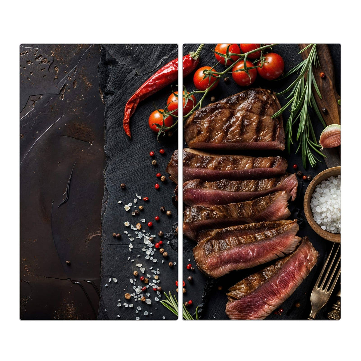 Aufgeschnittenes, medium gebratenes Steak in Scheiben auf Schiefer mit Kirschtomaten, Chili und Salz