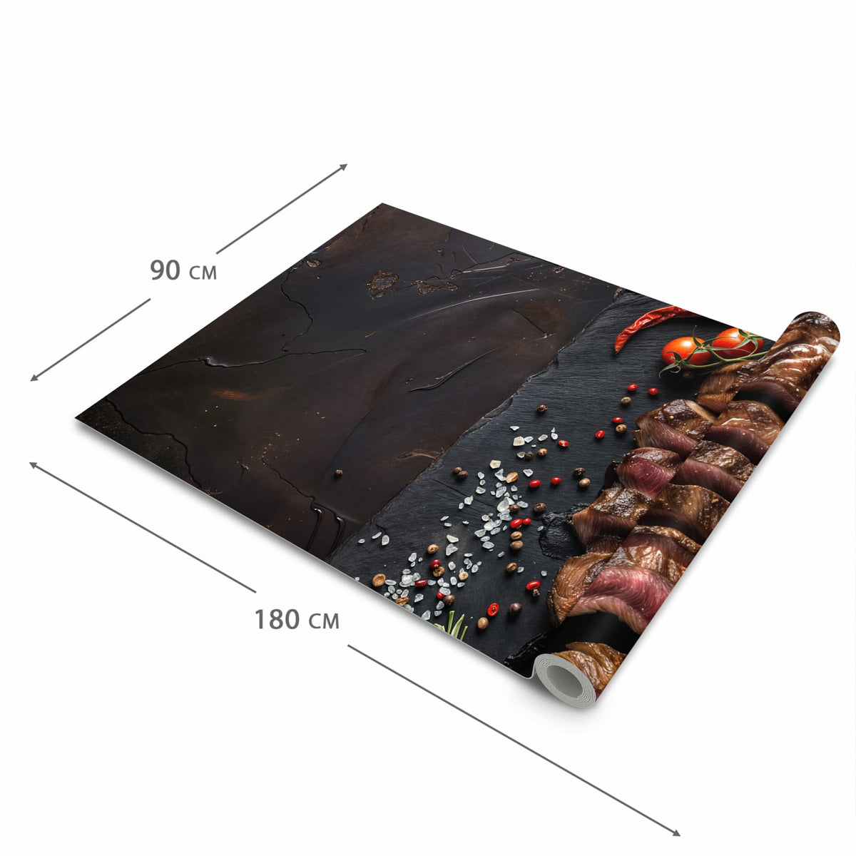 Feuchtigkeitsresistenter waschbarer Teppich Esstisch mit Motiv Gegrilltes Steak Teller in der Grösse 60x300 cm