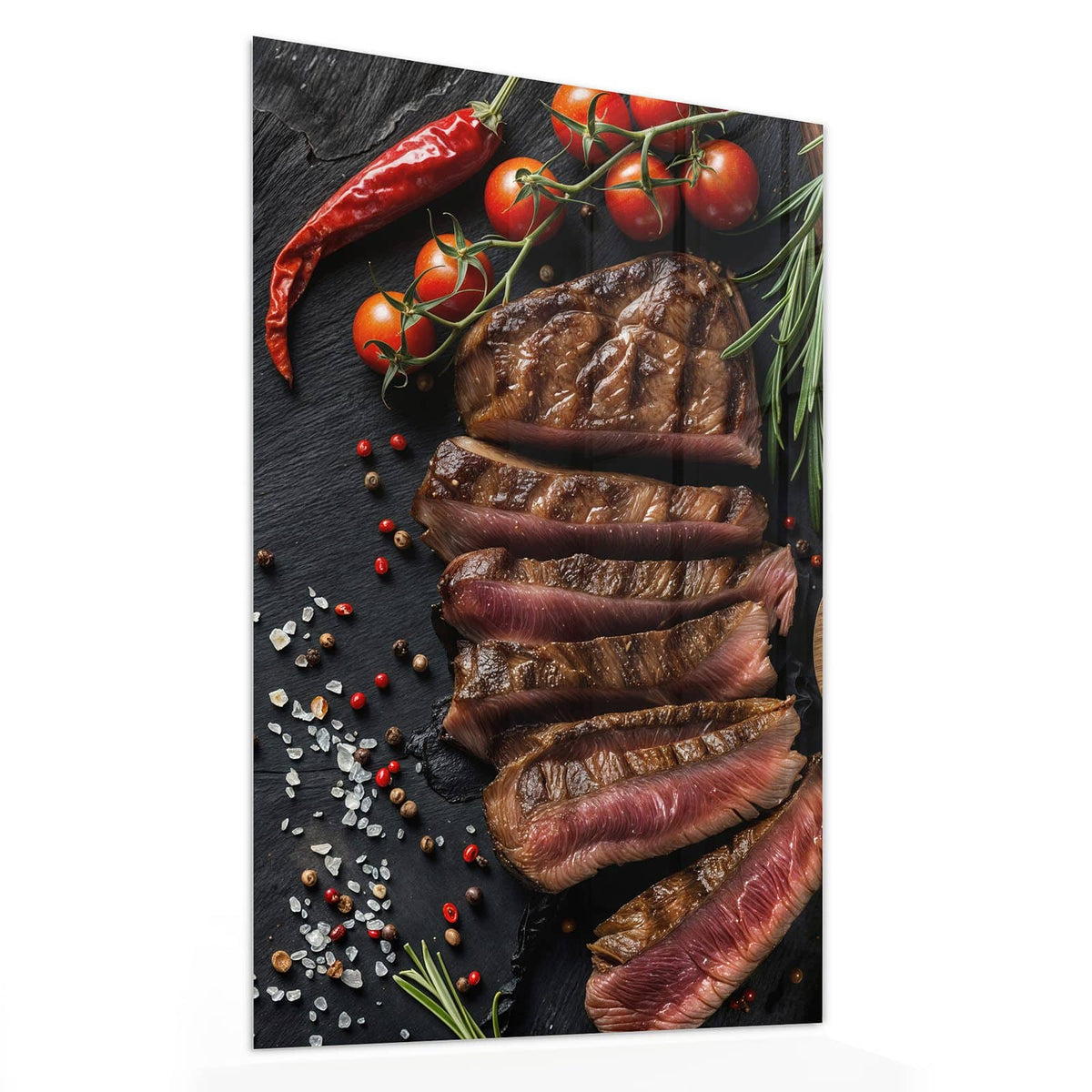 11 Größen – von 30 × 60 bis 60 × 150 cm – Wandbild - Steak auf Schiefer - Hochformat