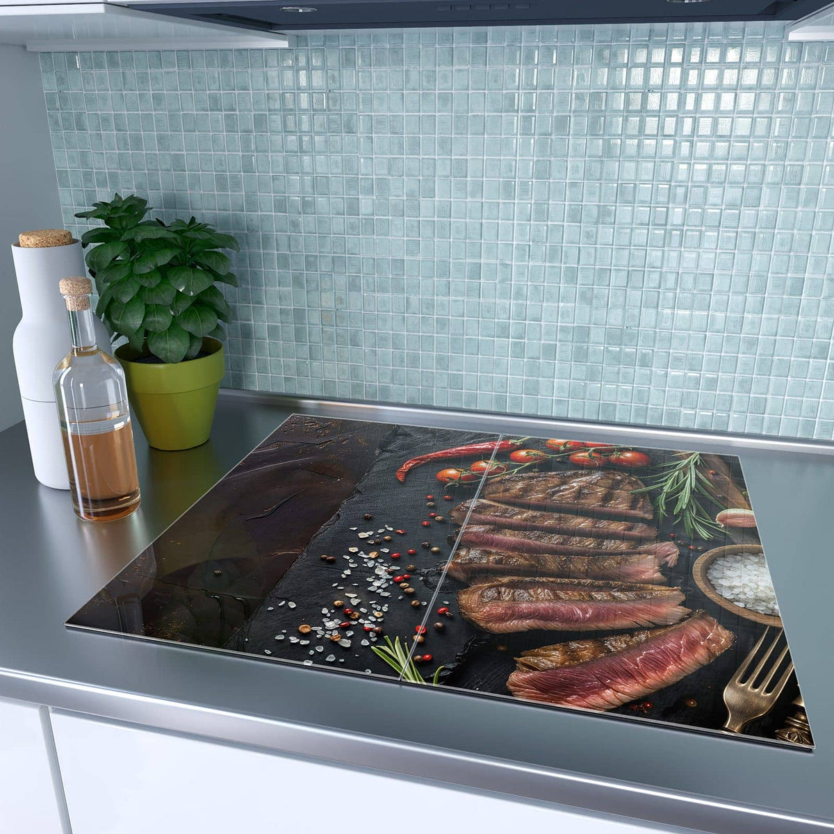 Sechs Aufgaben, eine Platte – Herdabdeckplatte Steak auf Schiefer
