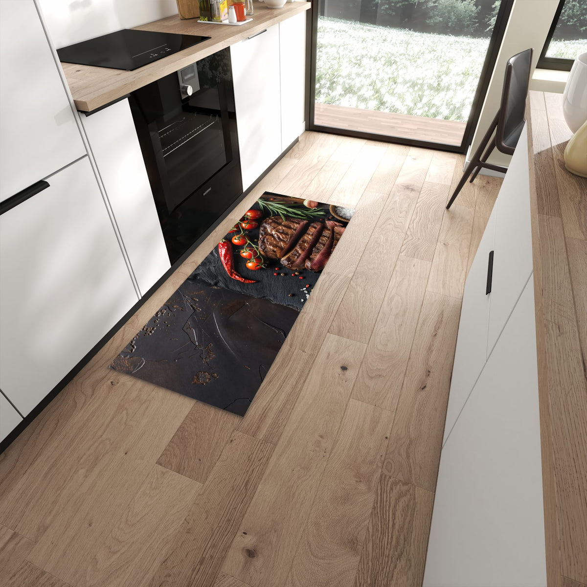 Abwischen statt waschen – Küchenläufer - Steak auf Schiefer