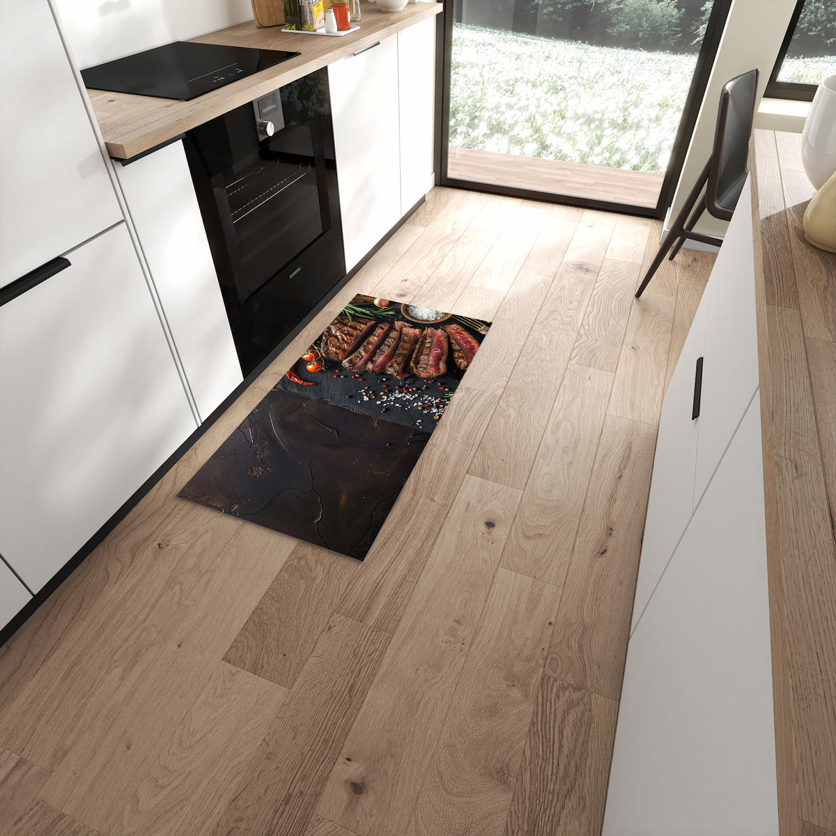 Langlebiger rutschfester Küchenläufer mit Motiv Gegrilltes Steak Teller in moderner Küche #grösse_60 x 120 cm