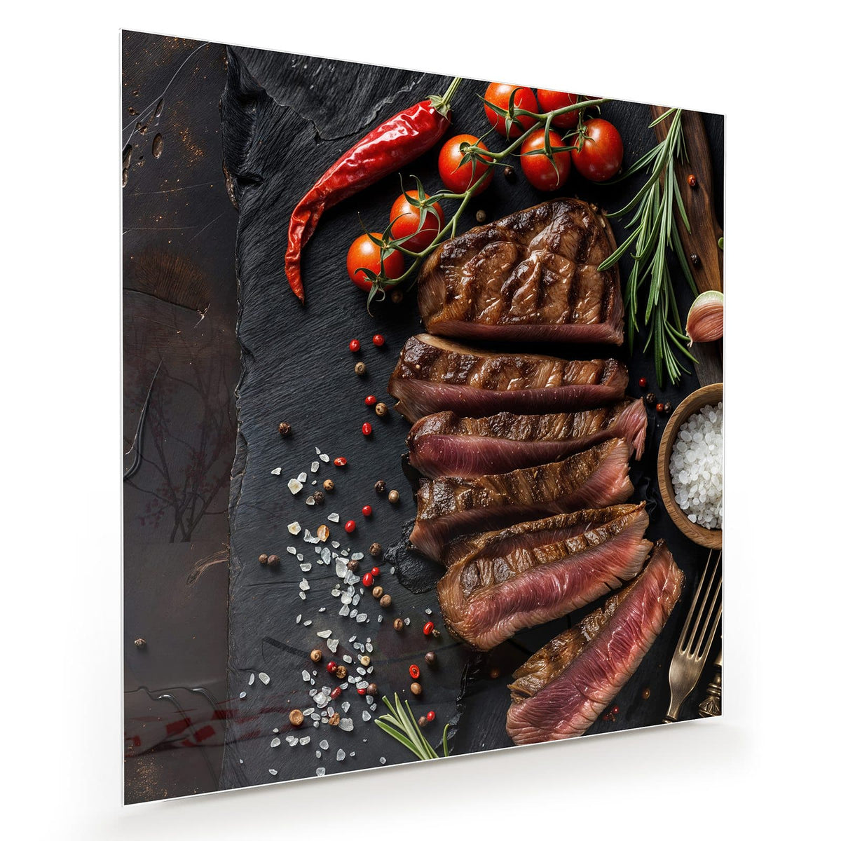 Aufgeschnittenes, medium gebratenes Steak in Scheiben auf Schiefer mit Kirschtomaten, Chili und Salz