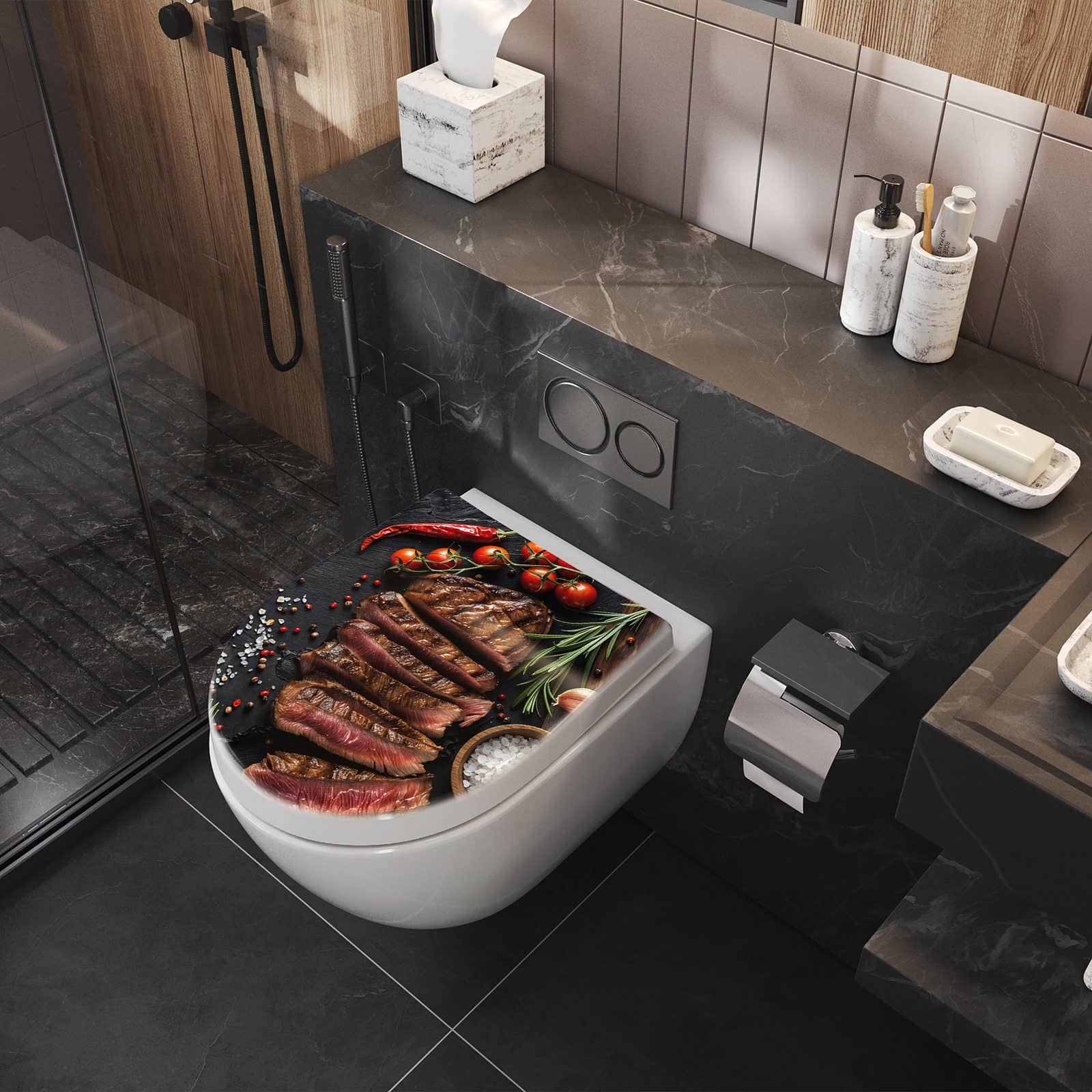 WC-Sitz mit Absenkautomatik Gegrilltes Steak Teller