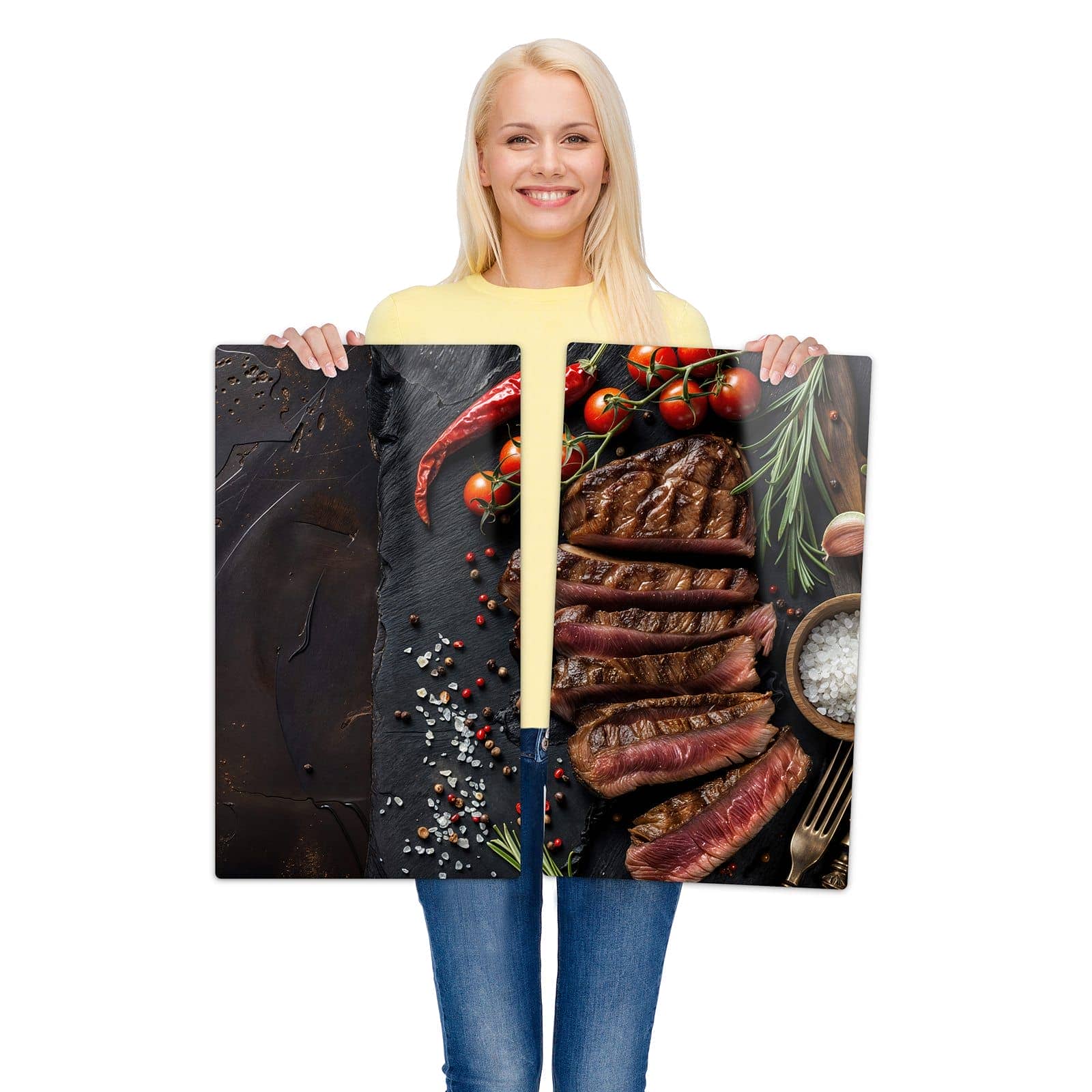 2-teilige Abdeckung für Herdplatten mit Gegrilltes Steak Teller-Motiv wird zur Größendarstellung gehalten