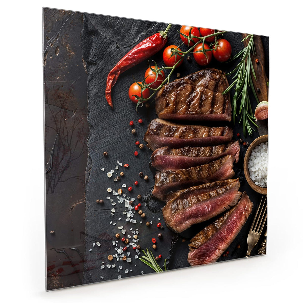 Küchenrückwand aus Glas im quadratischen Format: Aufgeschnittenes, medium gebratenes Steak in Scheiben auf Schiefer mit Kirschtomaten, Chili und Salz #grösse_40 x 40 cm #grösse_50 x 50 cm #grösse_60 x 60 cm