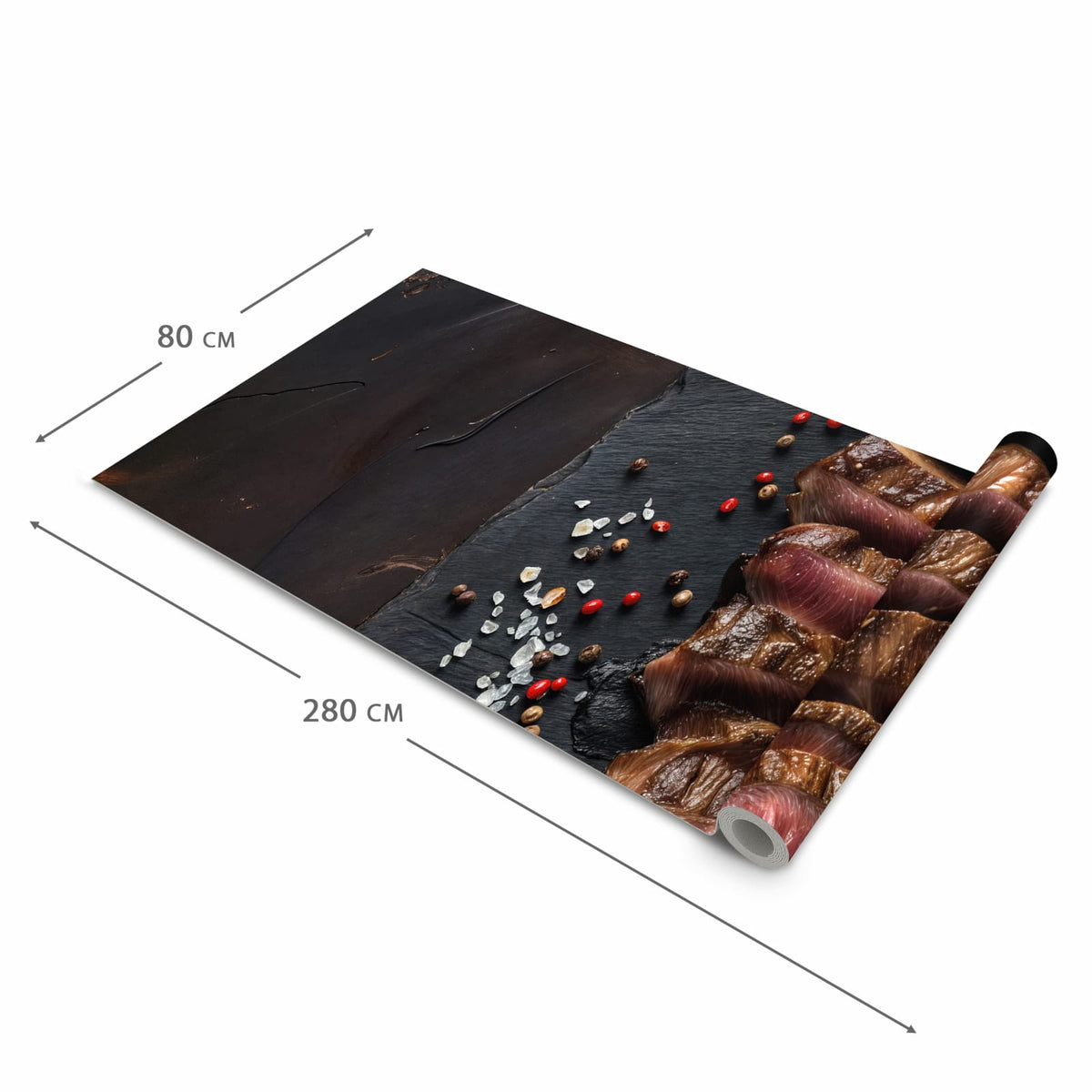 Langlebiger waschbarer Teppich mit Motiv Gegrilltes Steak Teller in der Grösse 60x300 cm