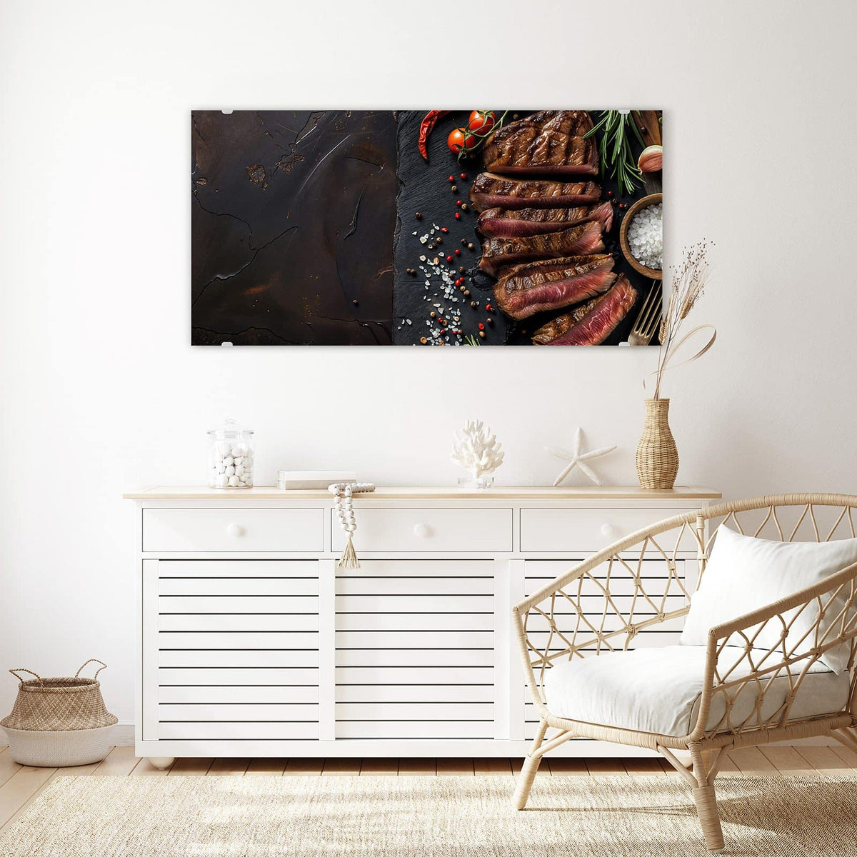 Echtglas, 4 mm – kein Acryl, keine Folie – Wandbild - Steak auf Schiefer - Querformat
