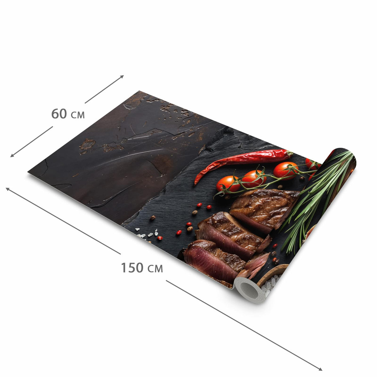 Pflegeleichter Teppichläufer für die Küche mit Motiv Gegrilltes Steak Teller in der Grösse 60x270 cm