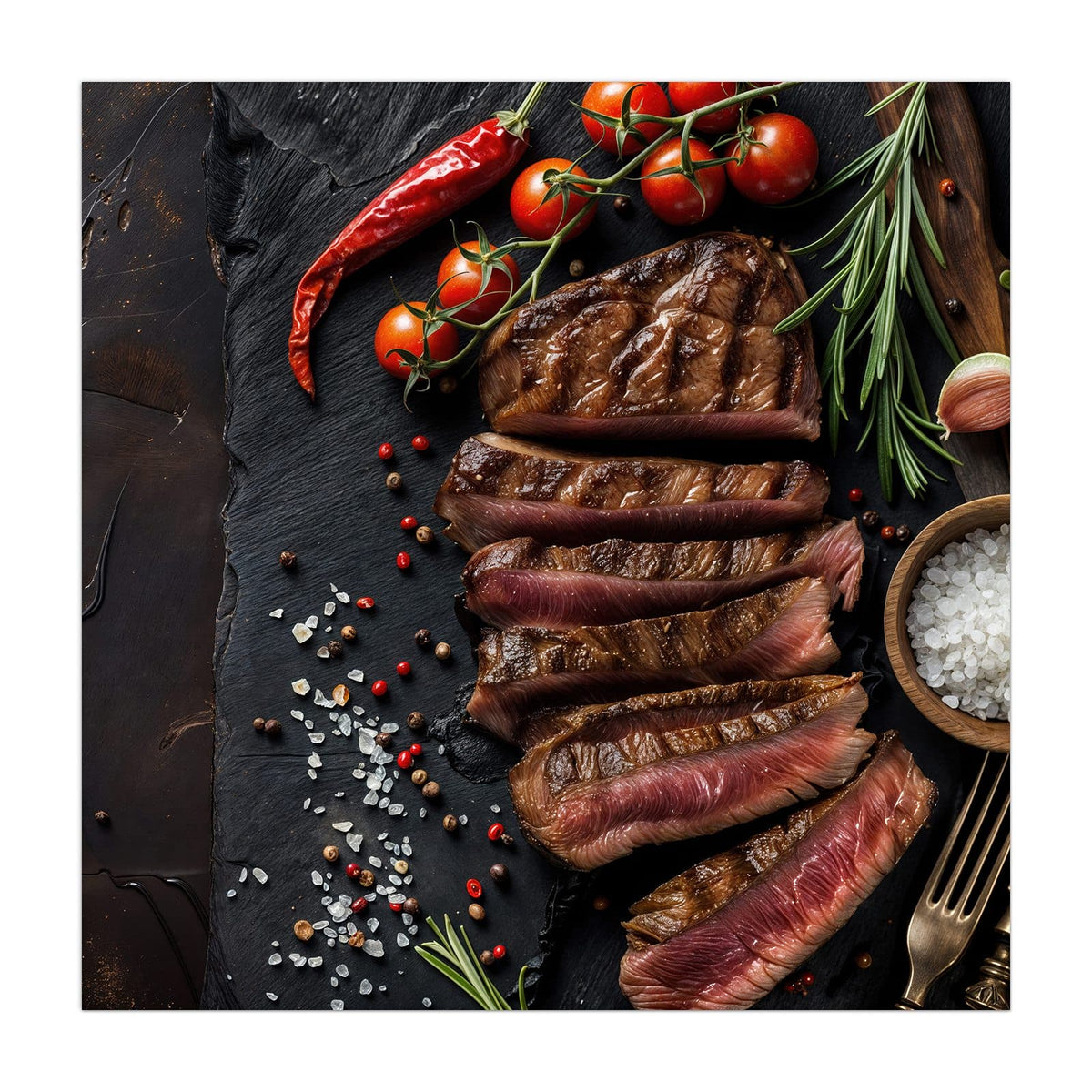 Küchenrückwand aus Glas Steak auf Schiefer im quadratischen Format, Motiv bildfüllend von vorn #grösse_40 x 40 cm #grösse_50 x 50 cm #grösse_60 x 60 cm