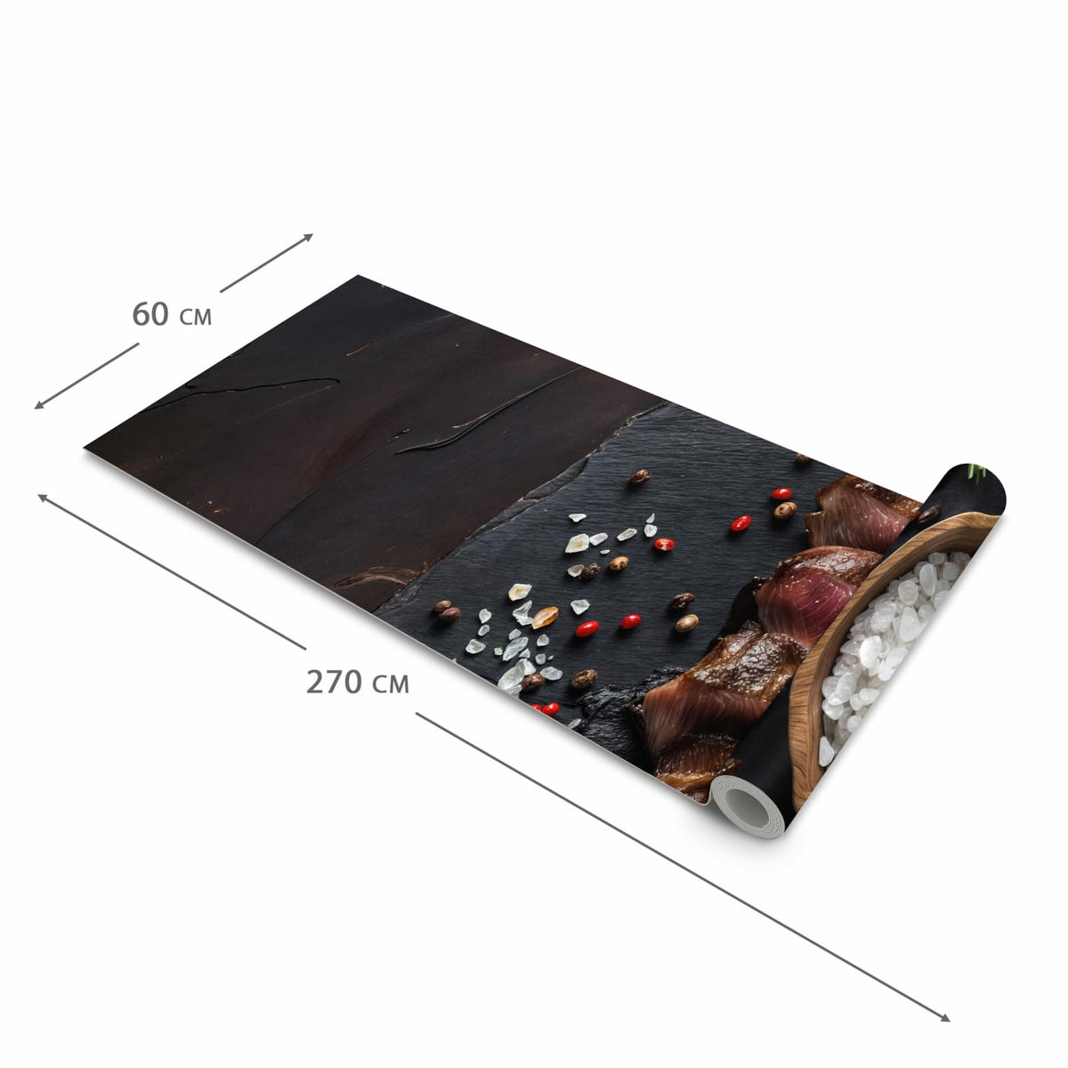 Pflegeleichter langer Teppich mit Motiv Gegrilltes Steak Teller in der Grösse 60x270 cm