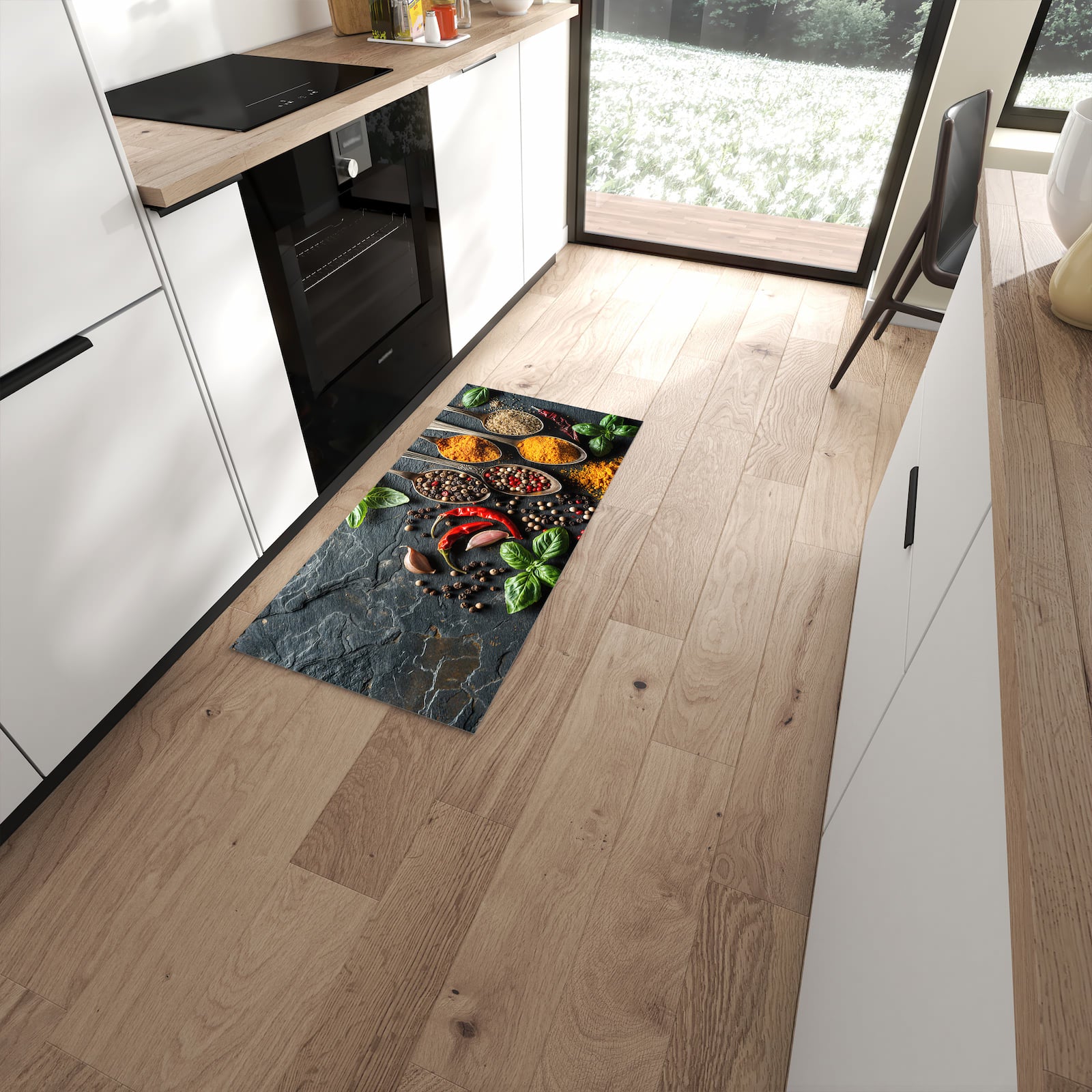 Fleckenresistenter waschbarer Küchenteppich mit Motiv Küchengewürze in moderner Küche #grösse_60 x 120 cm