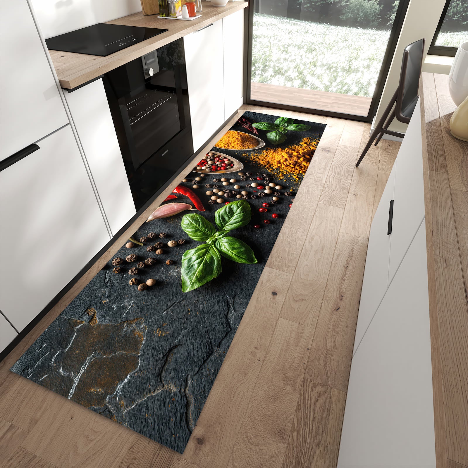 Küchenteppich mit Motiv Küchengewürze für angenehme Haptik in moderner Küche