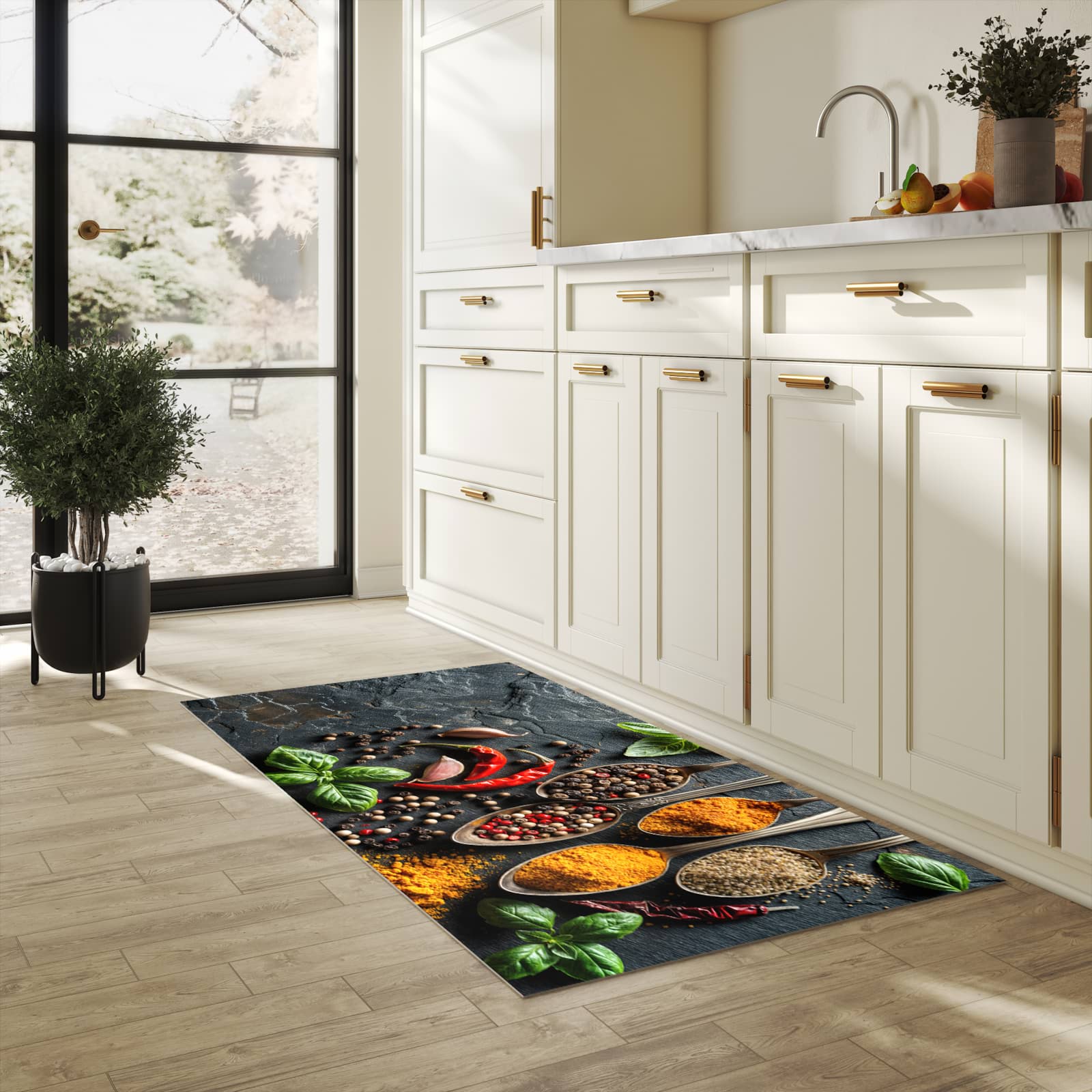 Strapazierfähiger Küchenteppich mit Motiv Küchengewürze in heller Küche