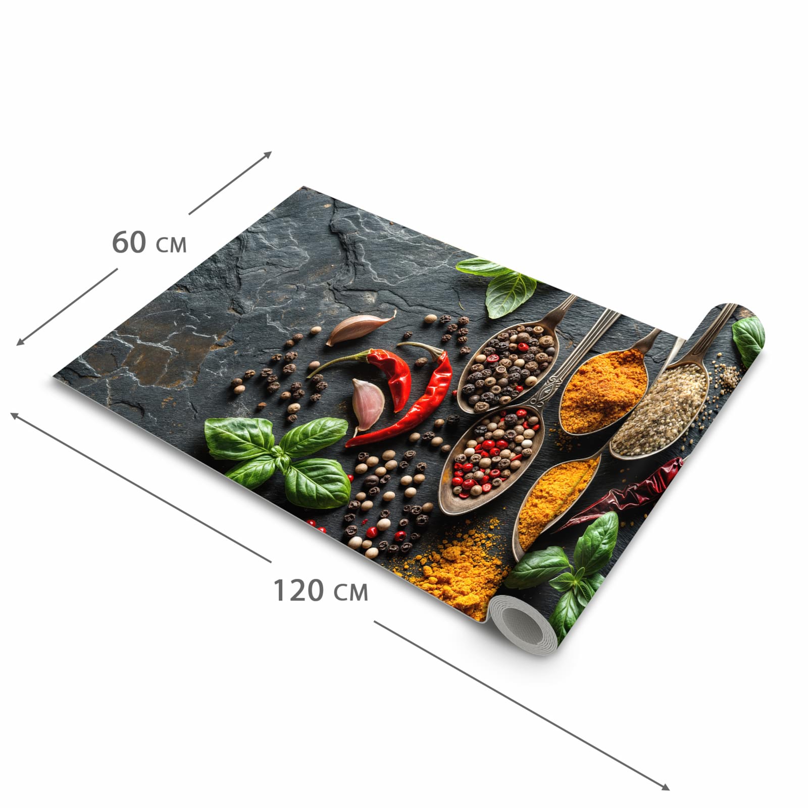 Farbbeständiger Teppich für Küche mit Motiv Küchengewürze in der Grösse 60x270 cm