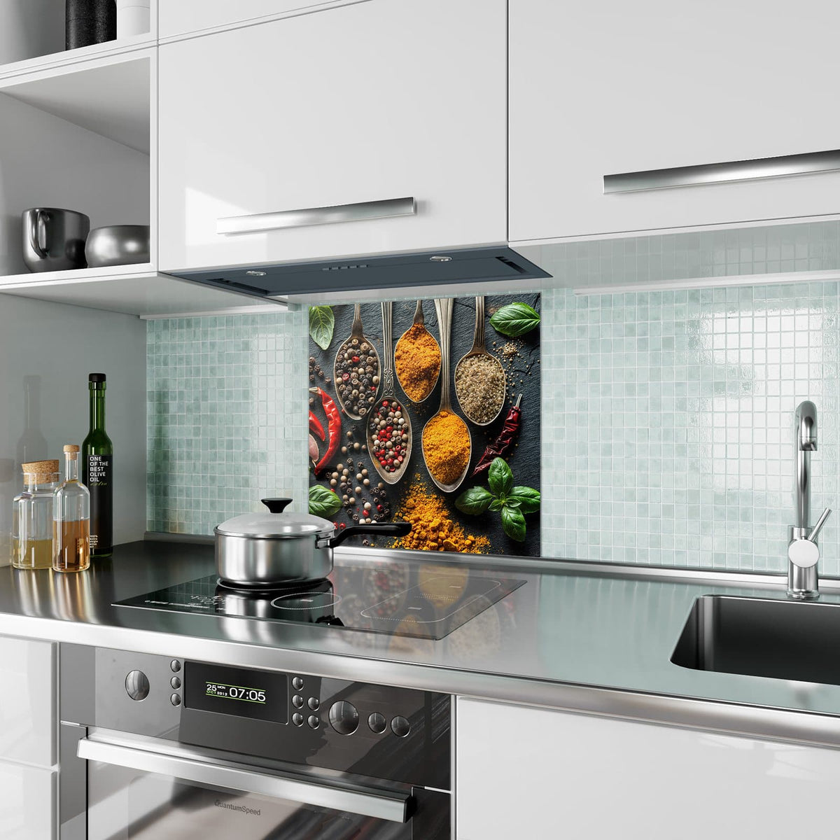 Küchenrückwand Gewürze in Silberlöffeln aus Glas – Gewürze in antiken Silberlöffeln