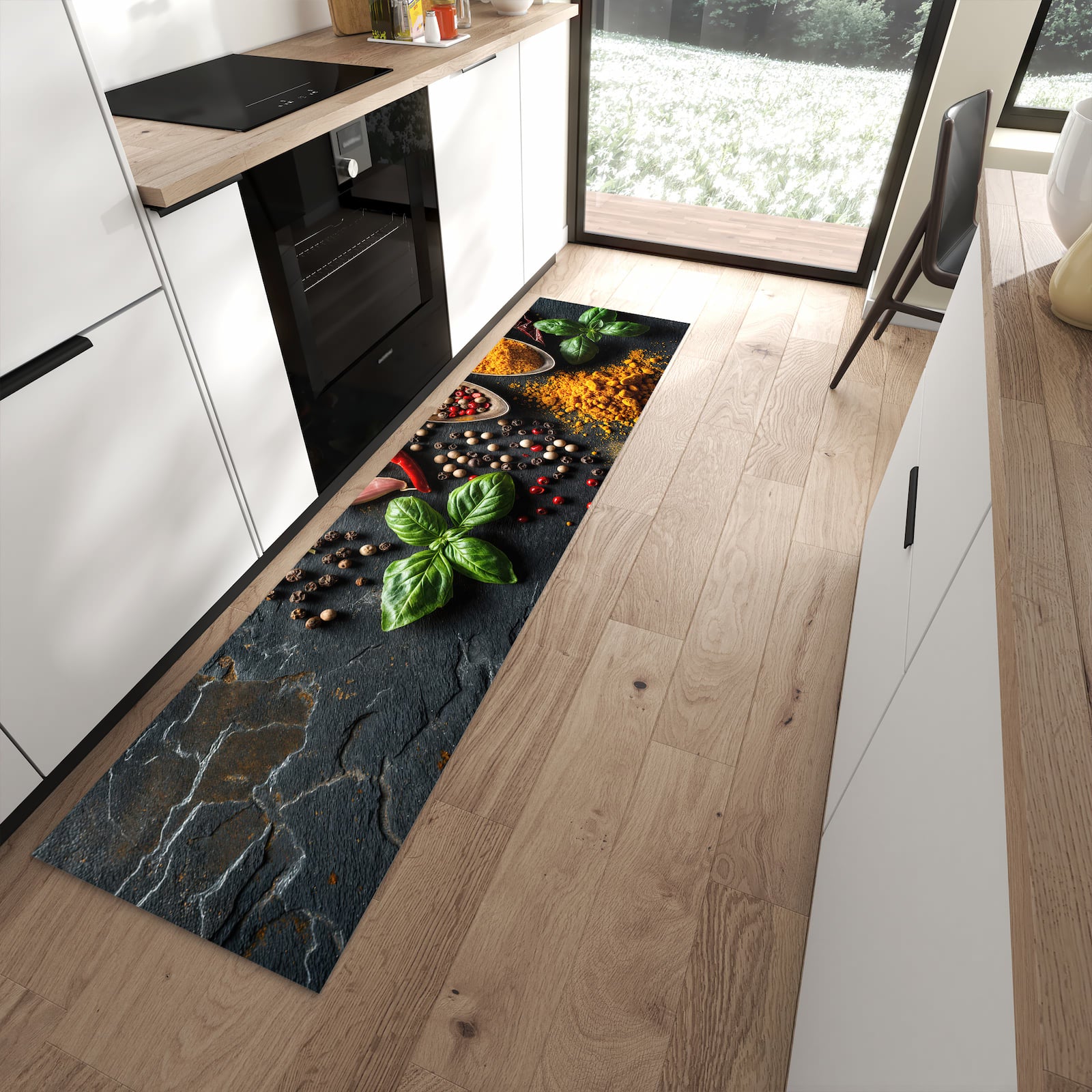 Langlebiger Küchenteppich mit Motiv Küchengewürze in moderner Küche