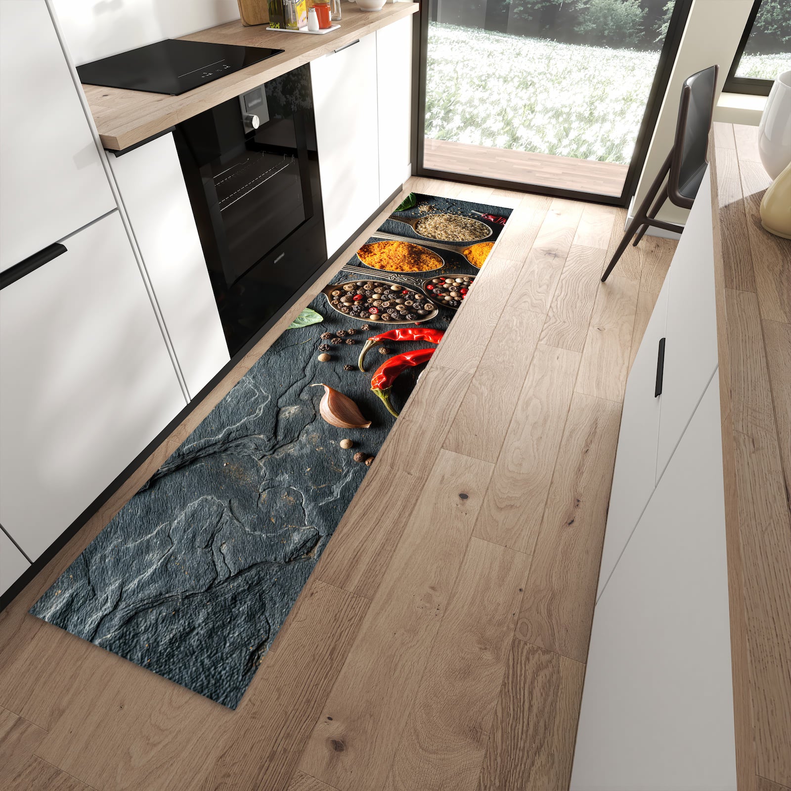Flacher Küchenteppich mit Motiv Küchengewürze in moderner Küche - waschbar
