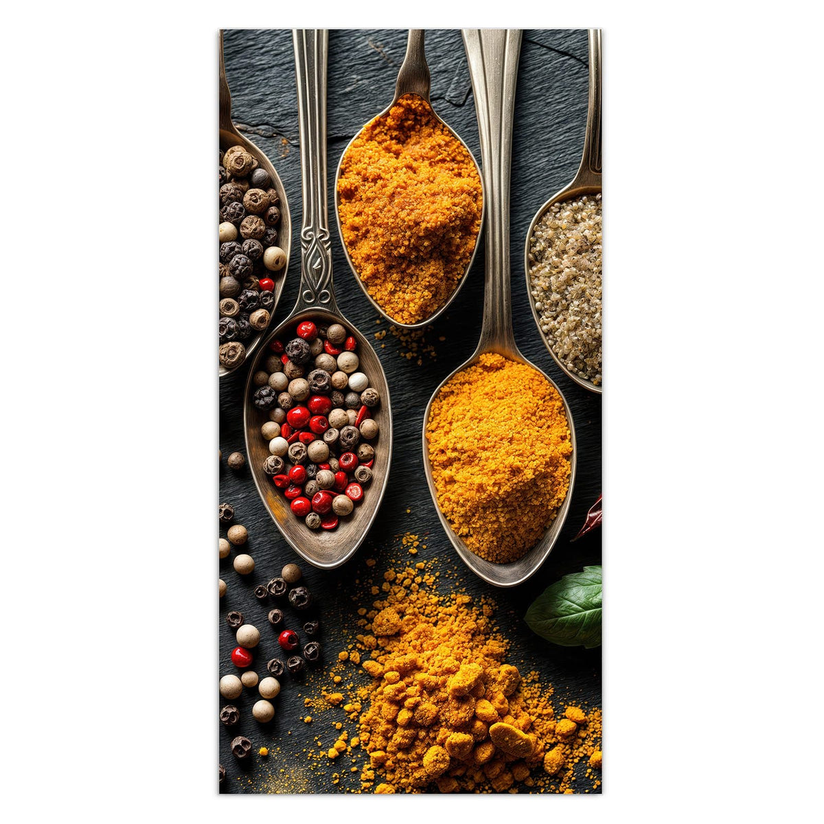 Antike Silberlöffel mit Pfeffermix, Kurkuma und grobem Salz auf Schiefer, dazu Chilis und Basilikum