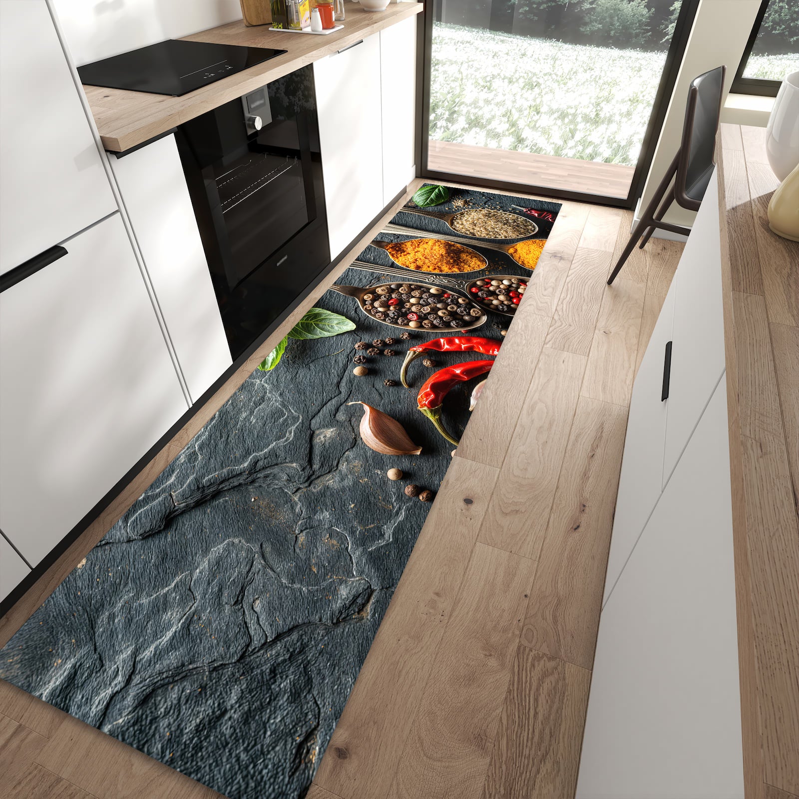 Hygienischer Küchenläufer mit Motiv Küchengewürze in moderner Küche