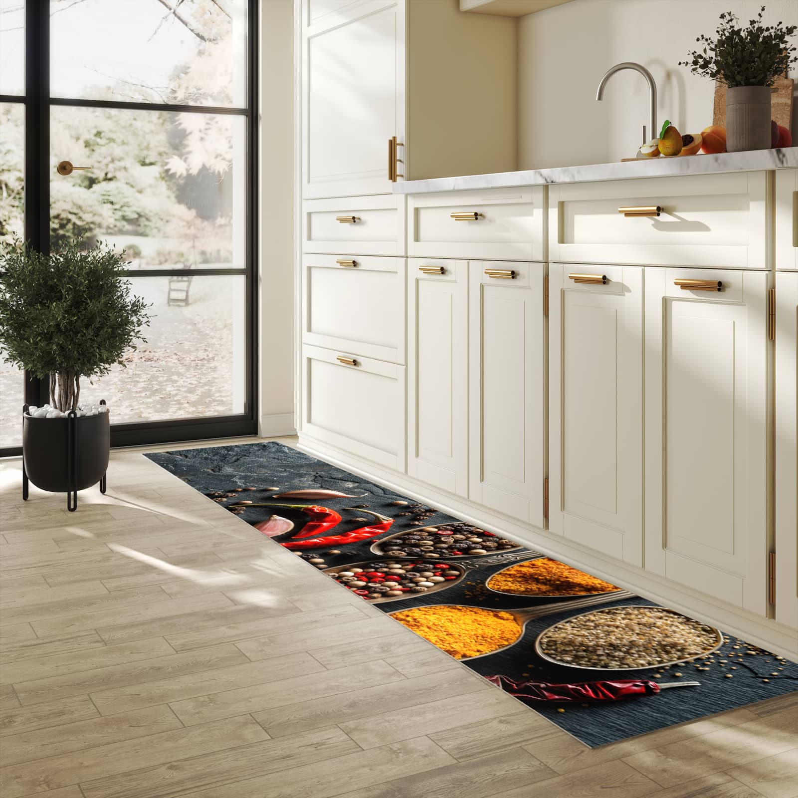 Pflegeleichter dünner Küchenteppich mit Motiv Küchengewürze in heller Küche