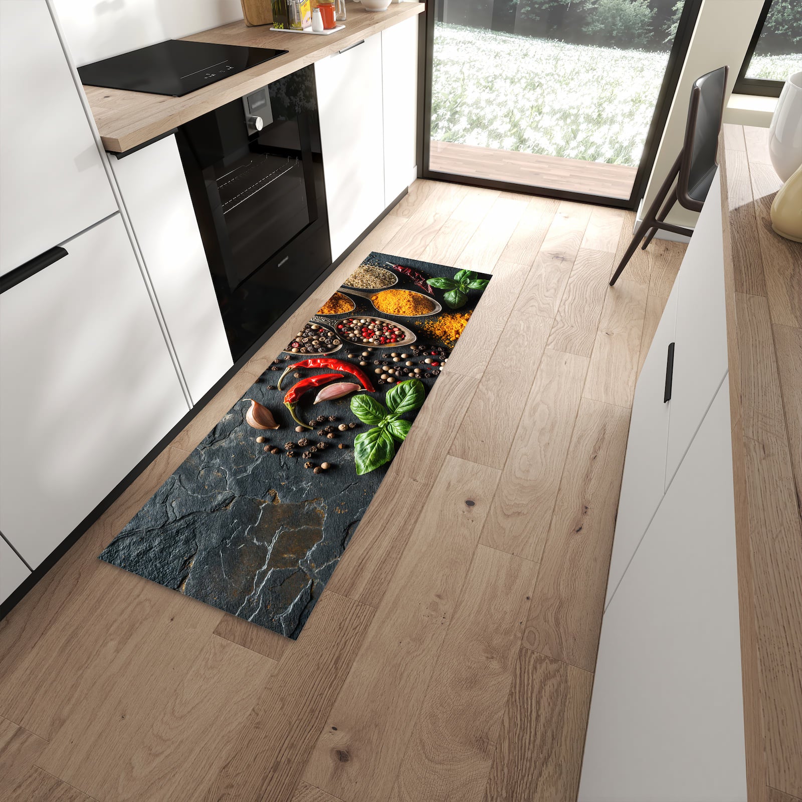 Geruchsneutraler rutschfester Küchenteppich mit Motiv Küchengewürze in moderner Küche