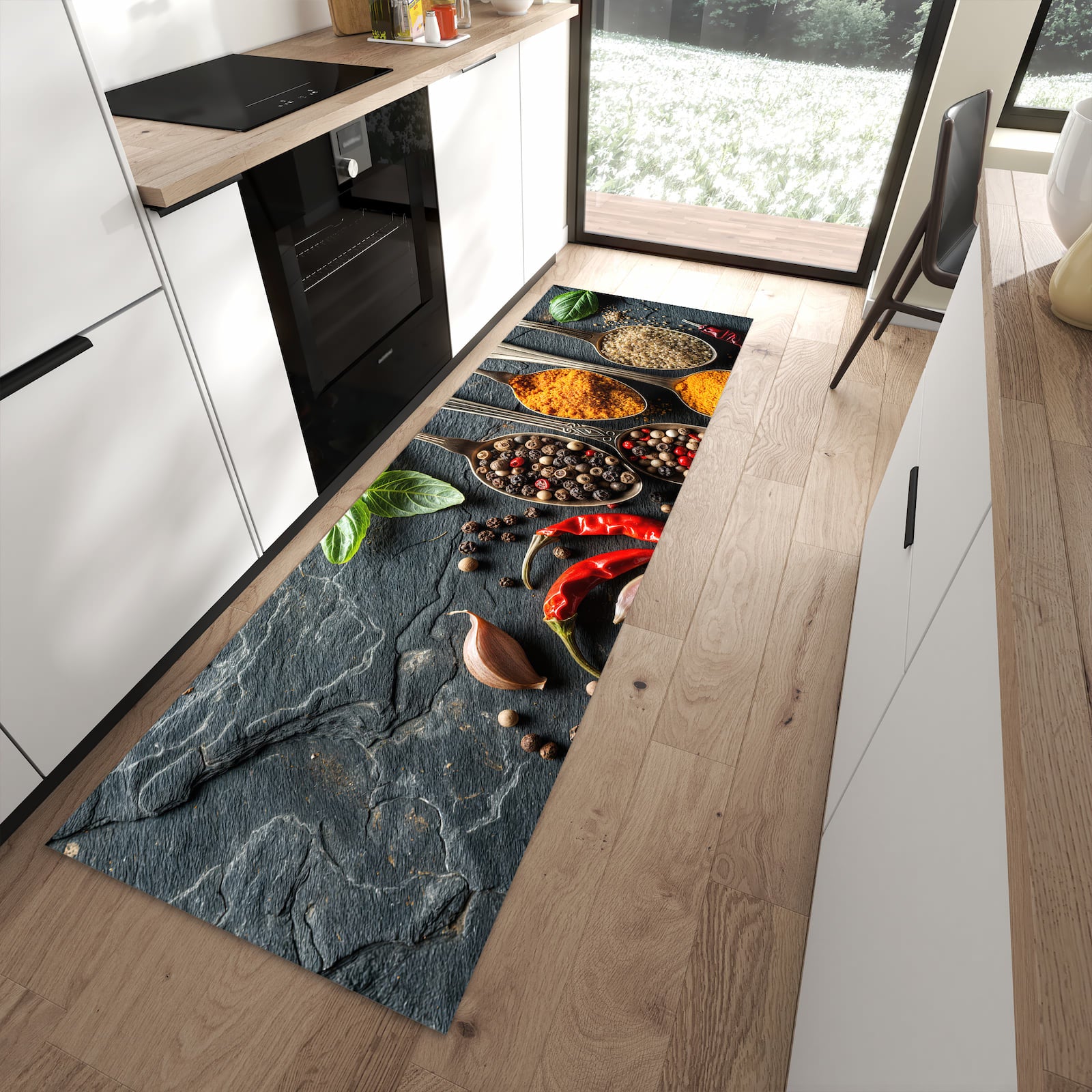 Waschbarer Küchenteppich mit Motiv Küchengewürze in moderner Küche