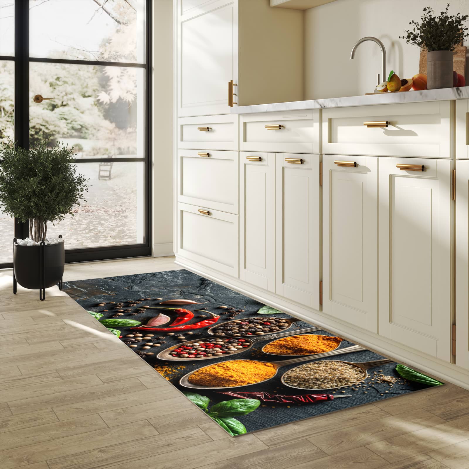 Waschbarer Küchenteppich mit Motiv Küchengewürze in heller Küche