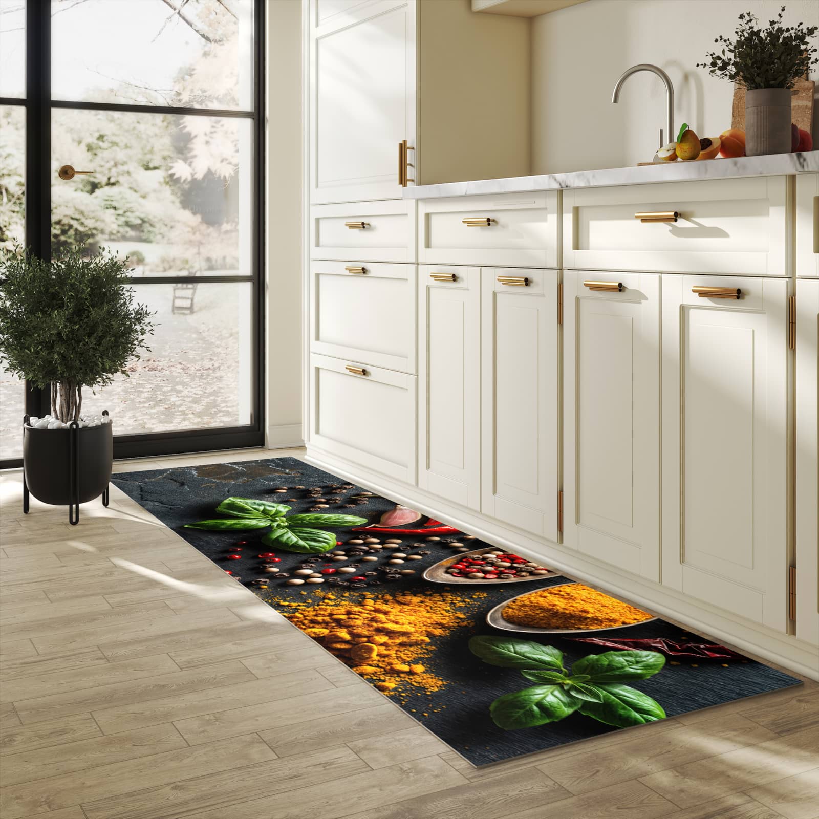 Bodenläufer mit Motiv Küchengewürze für angenehme Haptik in heller Küche
