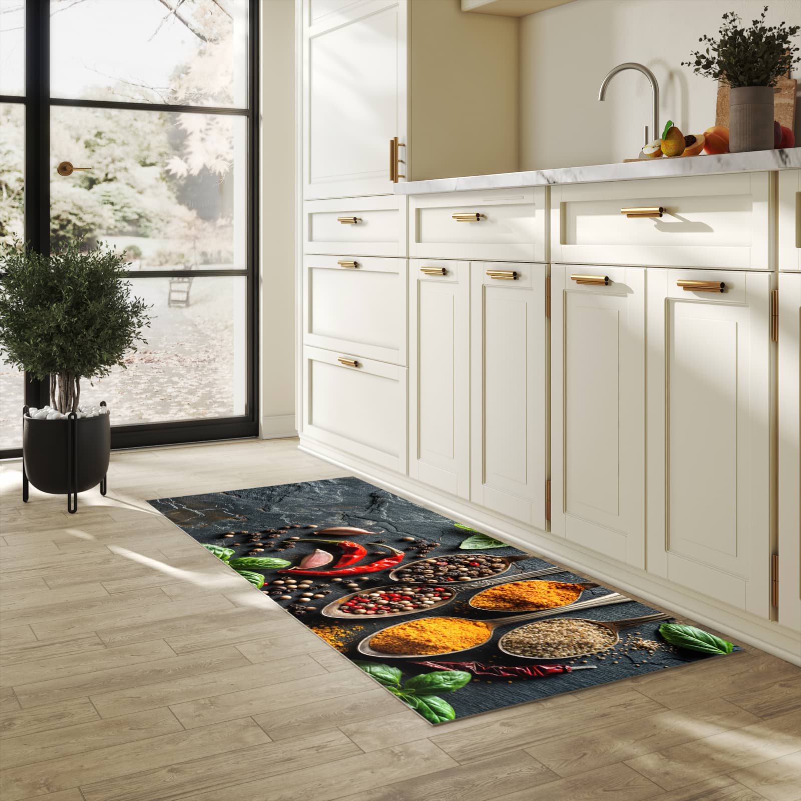Rutschfester Teppich für Esstisch mit Motiv Küchengewürze in heller Küche