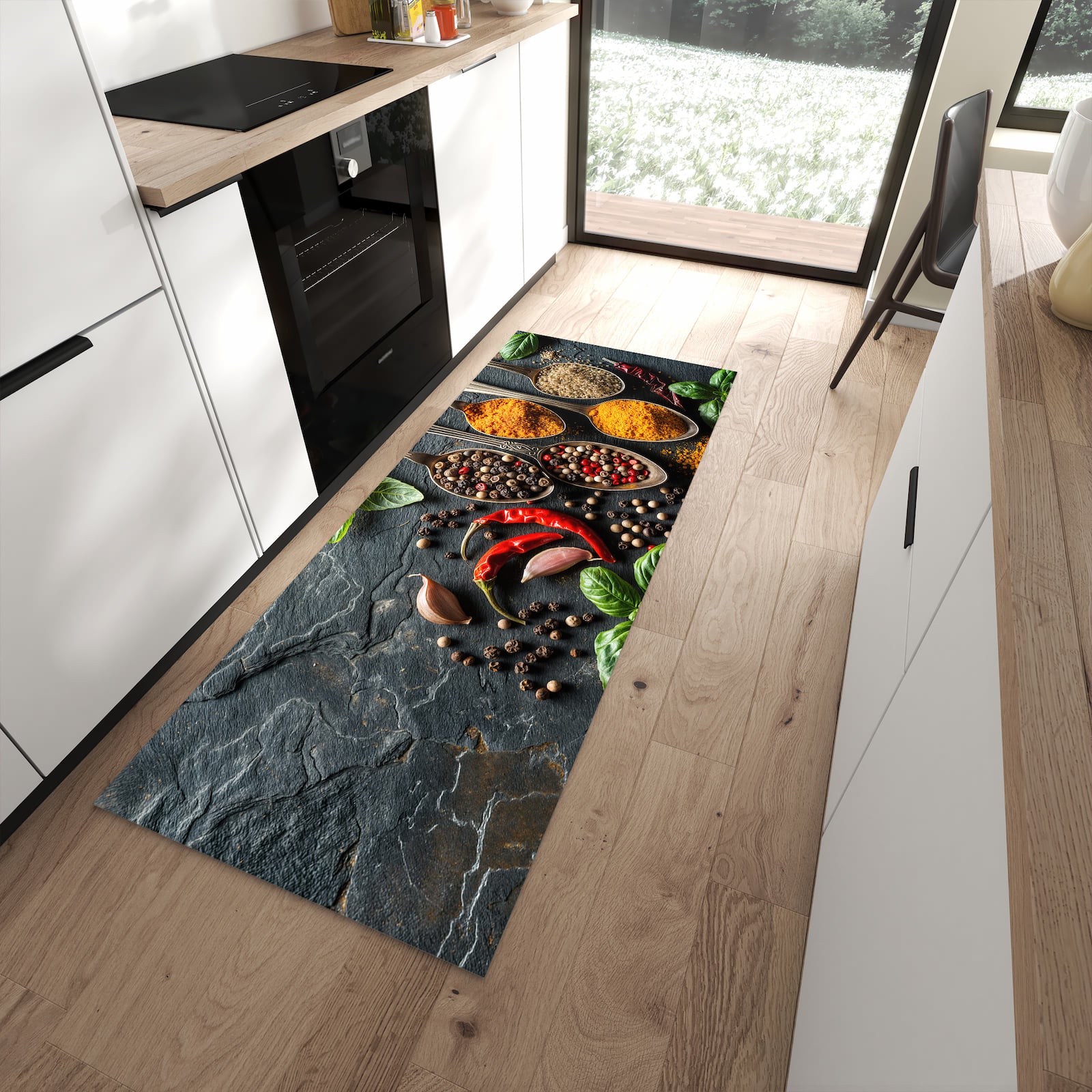 Rutschfester Küchenteppich mit Motiv Küchengewürze in moderner Küche