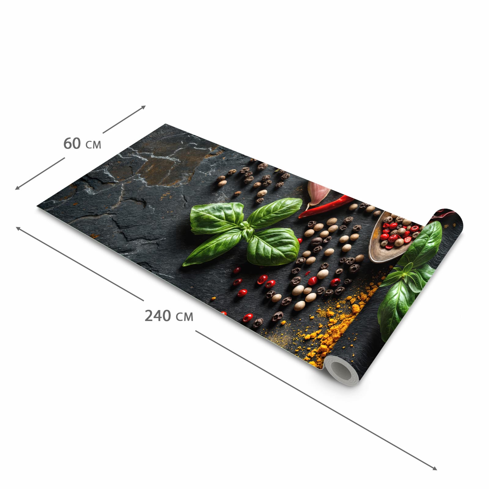 Zeitsparender Küchenteppich mit Motiv Küchengewürze in der Grösse 60x270 cm