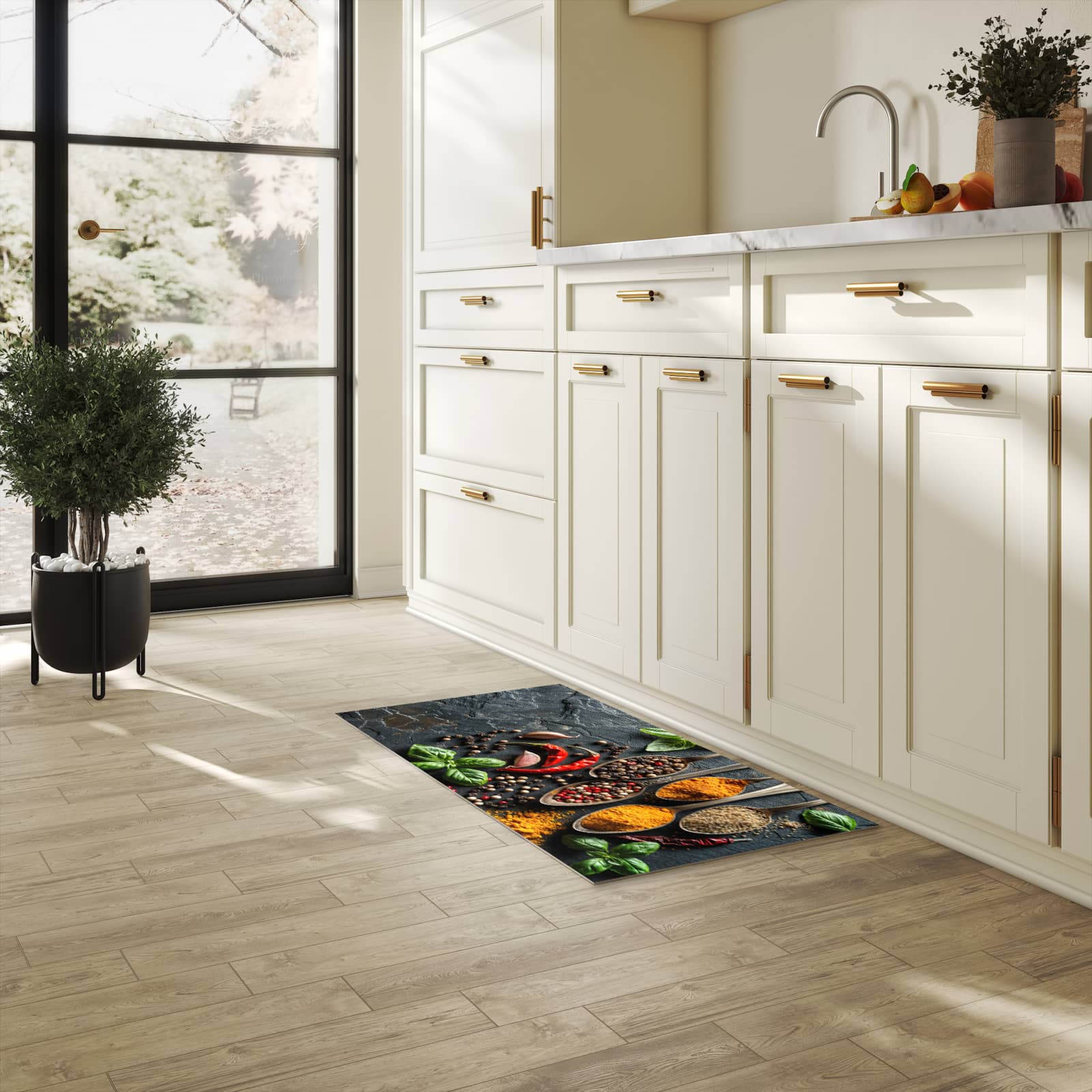 Fleckenresistenter langer Teppich mit Motiv Küchengewürze in heller Küche