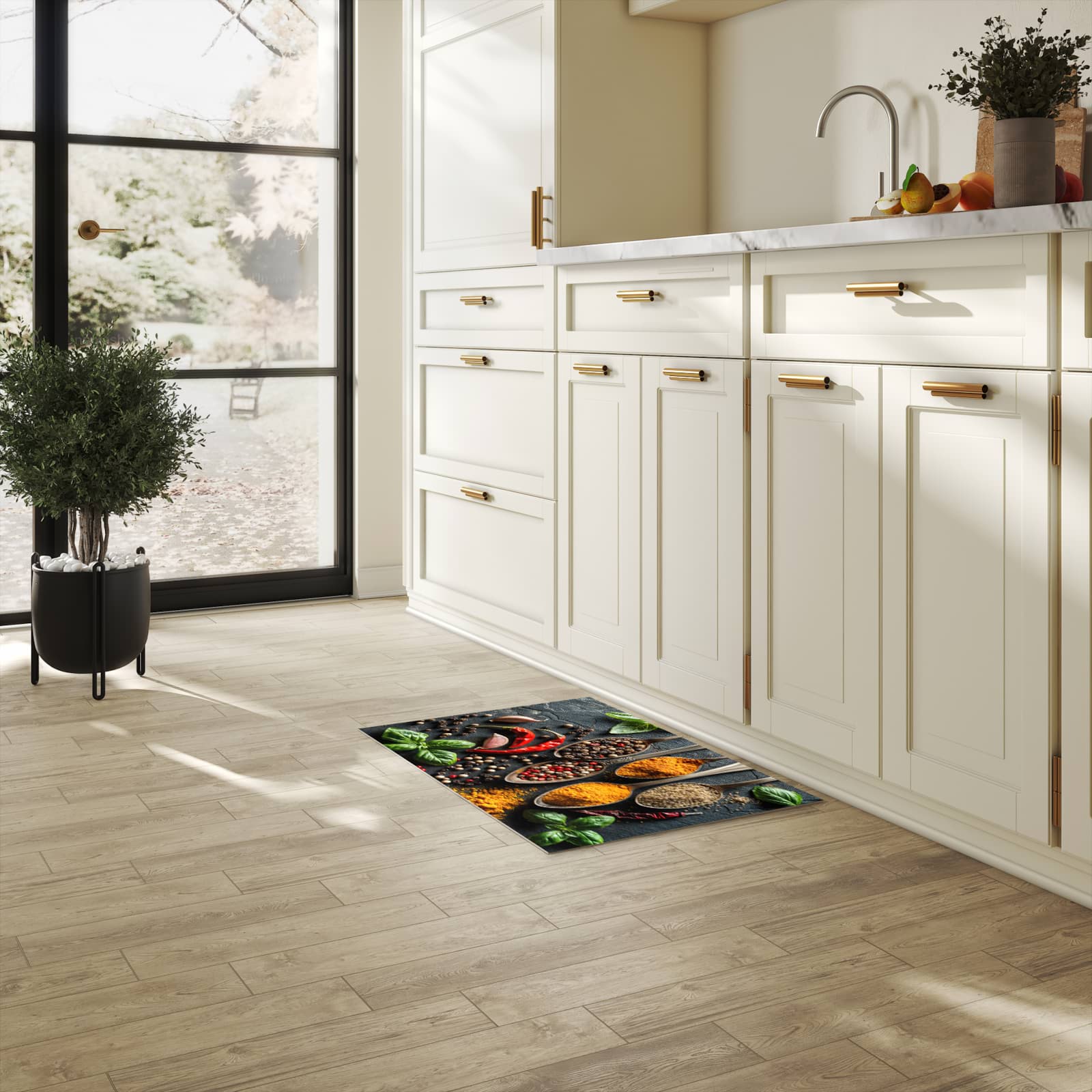 Komfortabler Teppich fürs Esszimmer mit Motiv Küchengewürze in heller Küche, waschbar