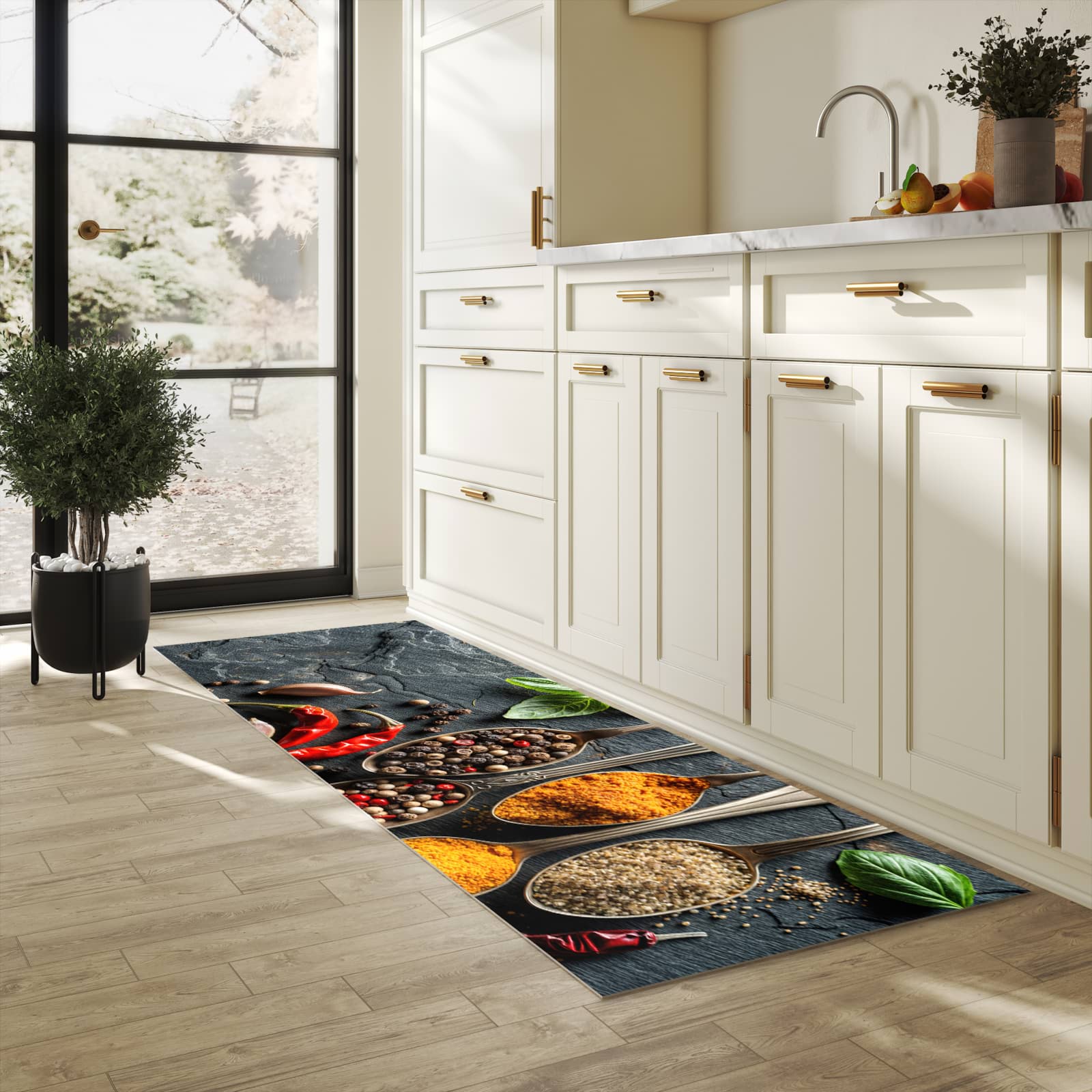 Pflegeleichter rutschfester Küchenteppich mit Motiv Küchengewürze in heller Küche