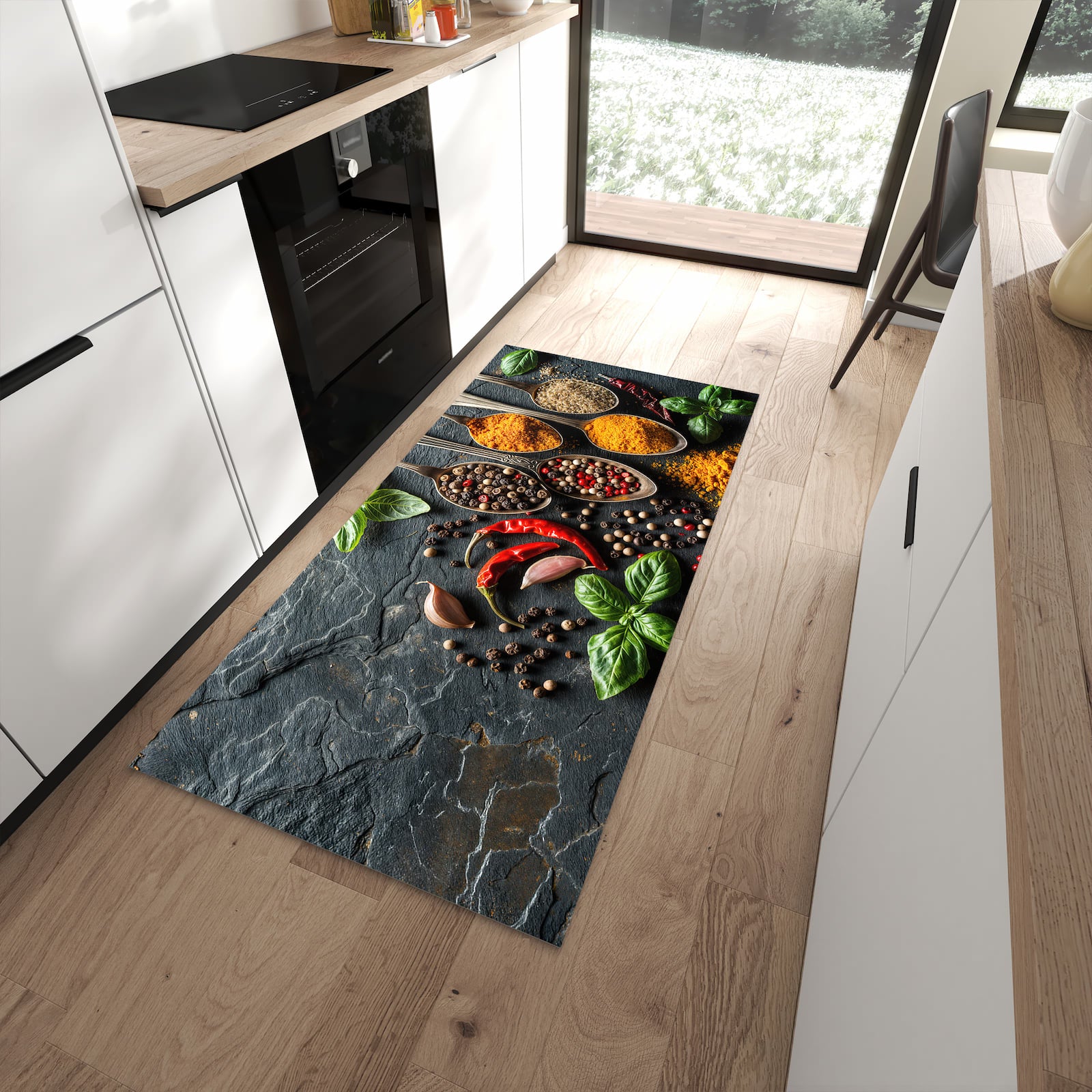 Strapazierfähiger Küchenläufer mit Motiv Küchengewürze in moderner Küche