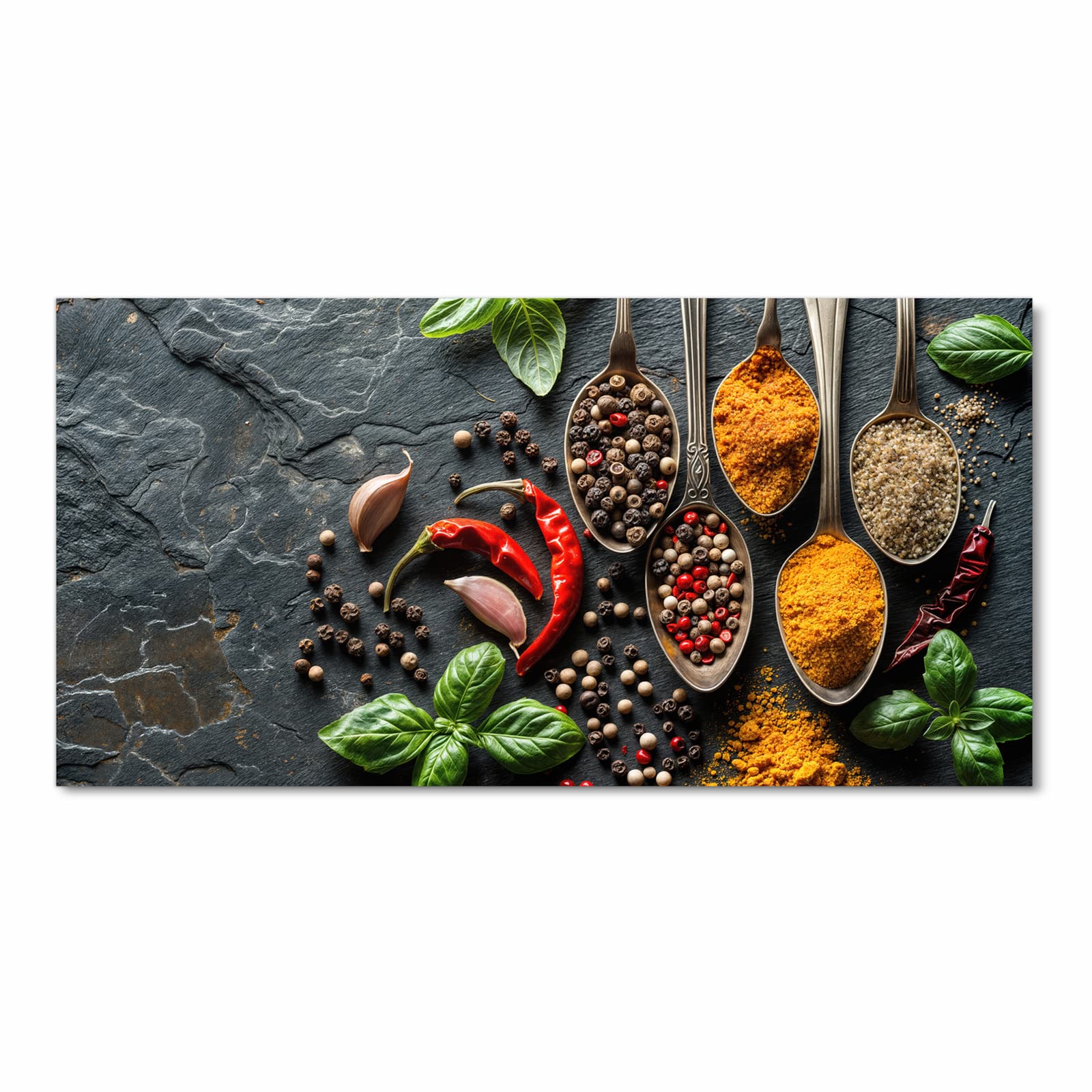 UV-beständiger Küchenteppich mit Motiv Küchengewürze in Frontansicht für die Küche