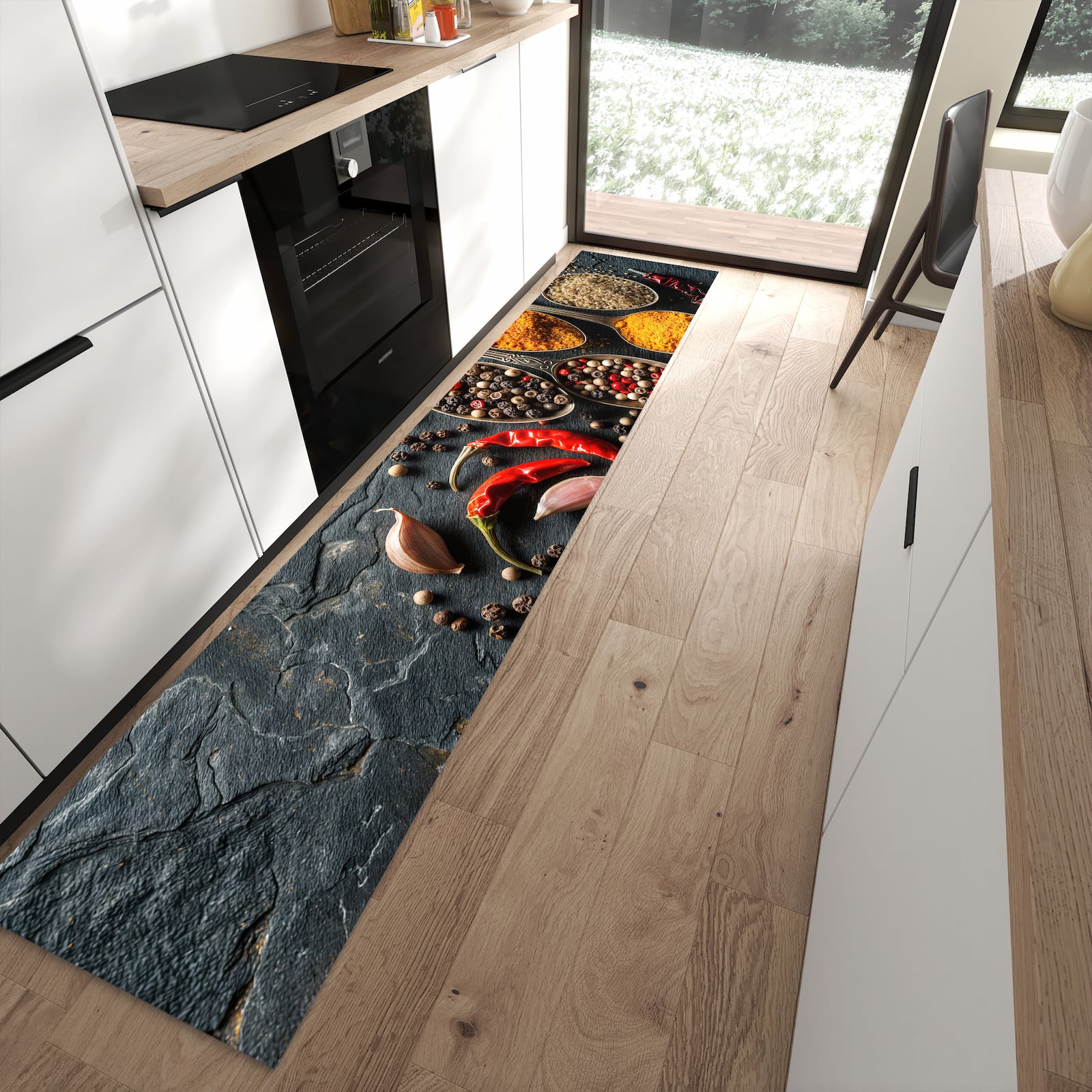Pflegeleichter waschbarer Küchenteppich mit Motiv Küchengewürze in moderner Küche