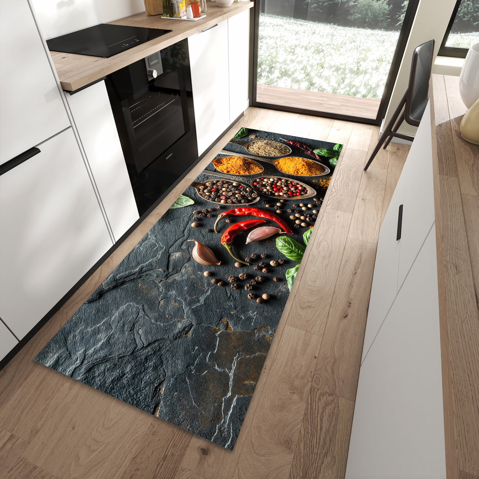 Waschbarer Küchenläufer mit Motiv Küchengewürze in moderner Küche