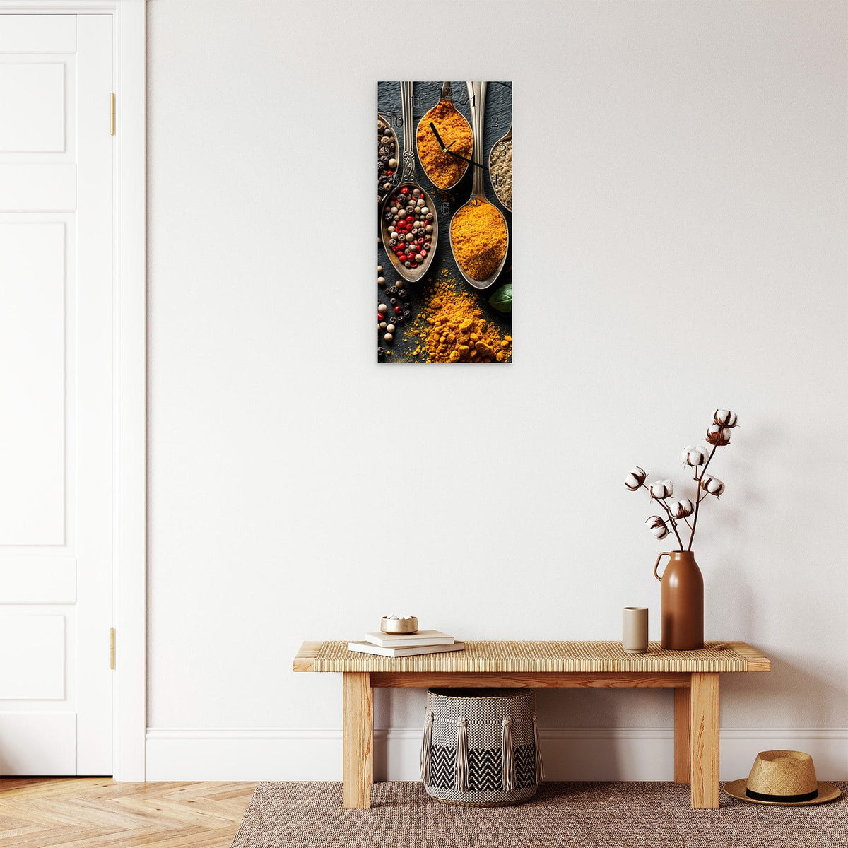 Moderne Wanduhr aus Glas mit Farbtiefe – Wanduhr Küchengewürze aus Glas – Hochformat 30 × 60 cm