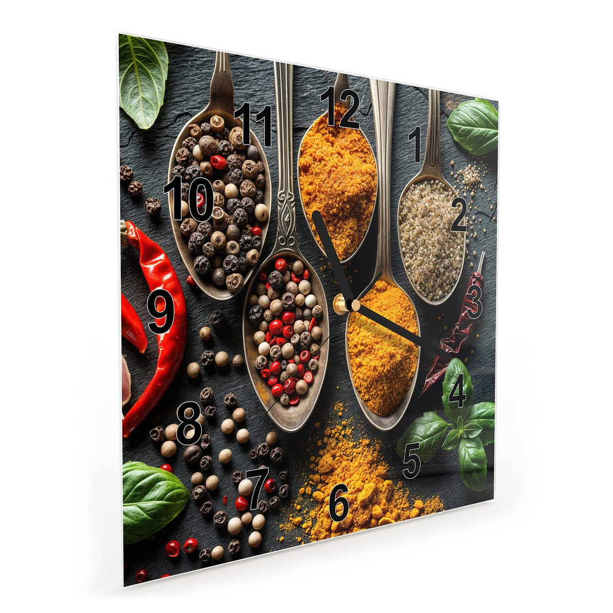 Vormontiert – mit Schwebeeffekt – Wanduhr Küchengewürze aus Glas – Quadratisch 30 × 30 cm